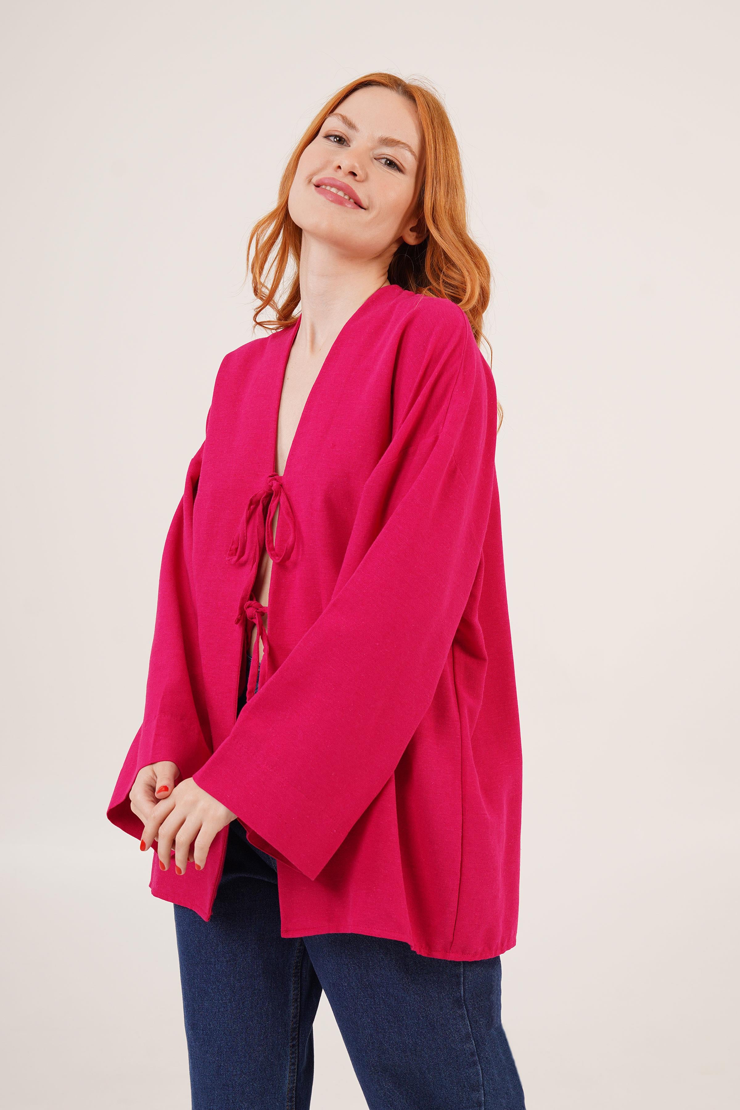 Önden Bağlama Detaylı İspanyol Kol Toptan Fuşya Tunik