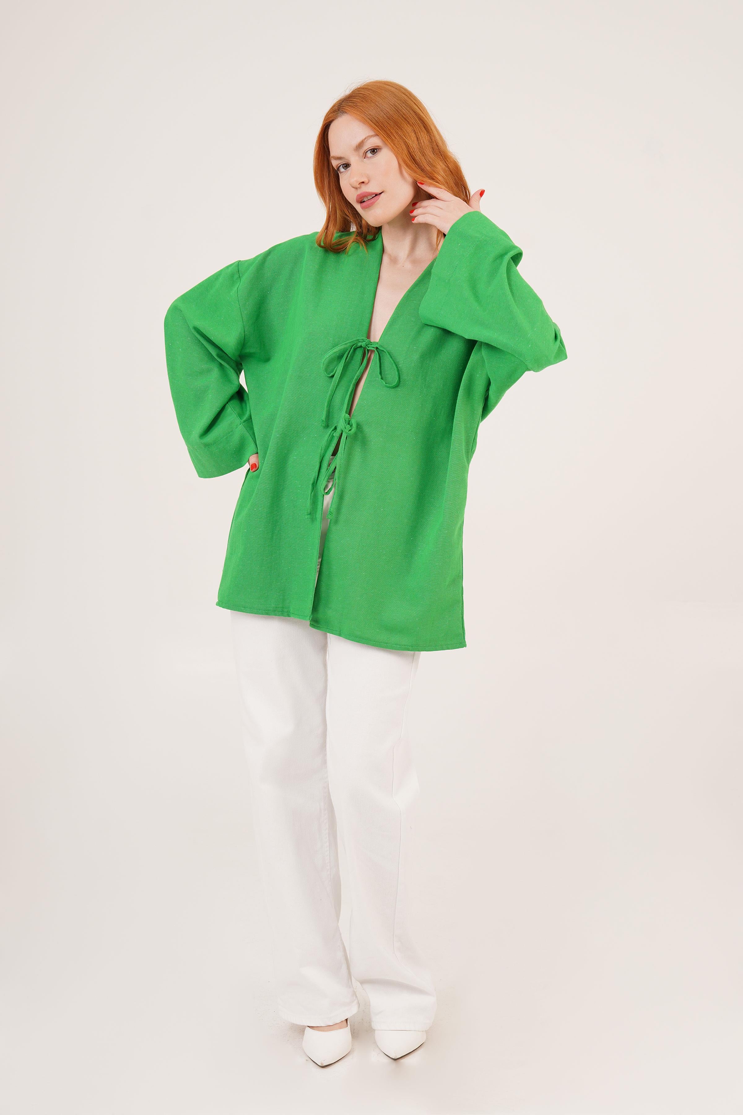Önden Bağlama Detaylı İspanyol Kol Toptan Yeşil Tunik
