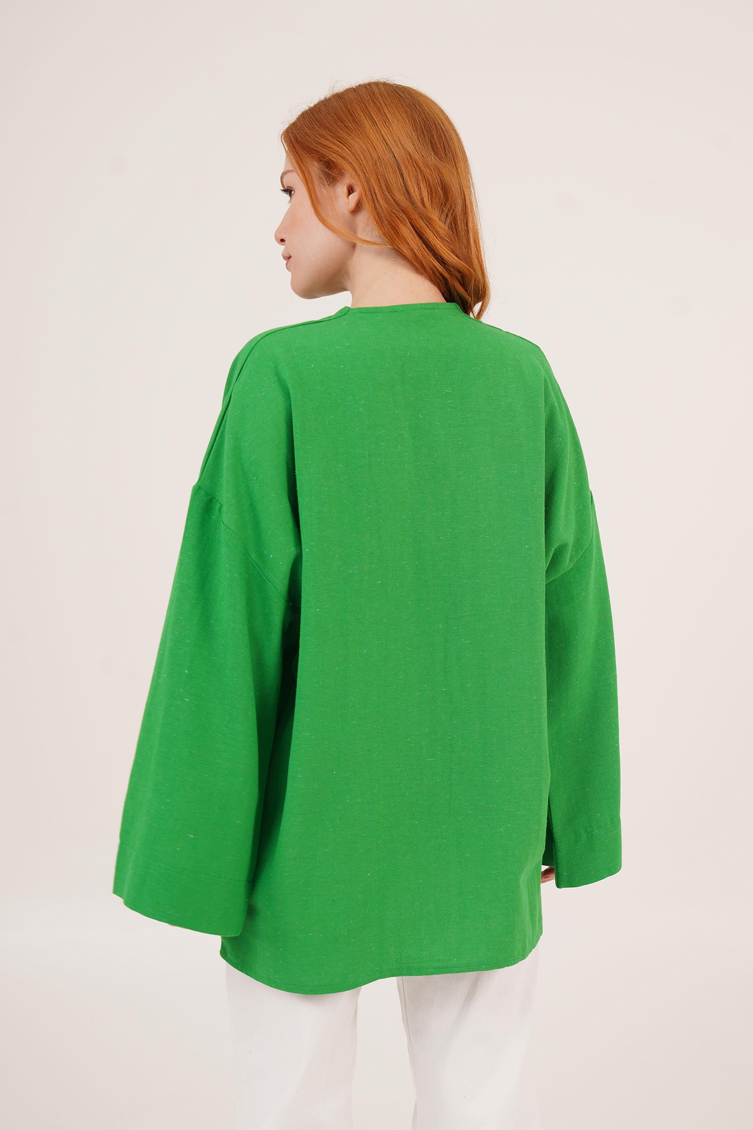 Önden Bağlama Detaylı İspanyol Kol Toptan Yeşil Tunik