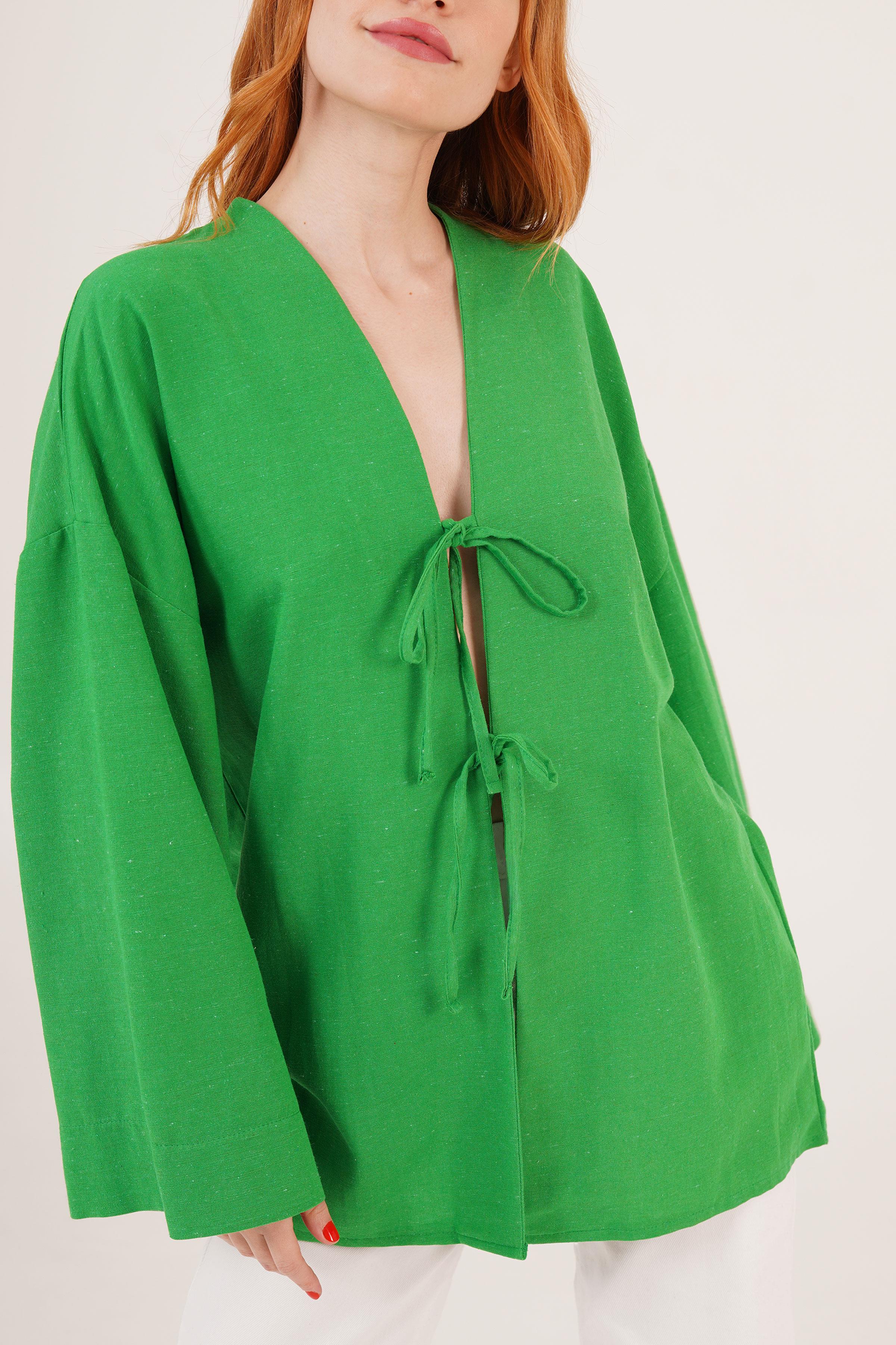 Önden Bağlama Detaylı İspanyol Kol Toptan Yeşil Tunik