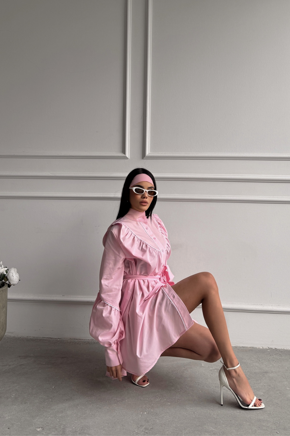 ÖNDEN DÜĞMELİ POPLİN KLOŞ ELBİSE BAĞLAMA KEMER DETAYLI - Pembe