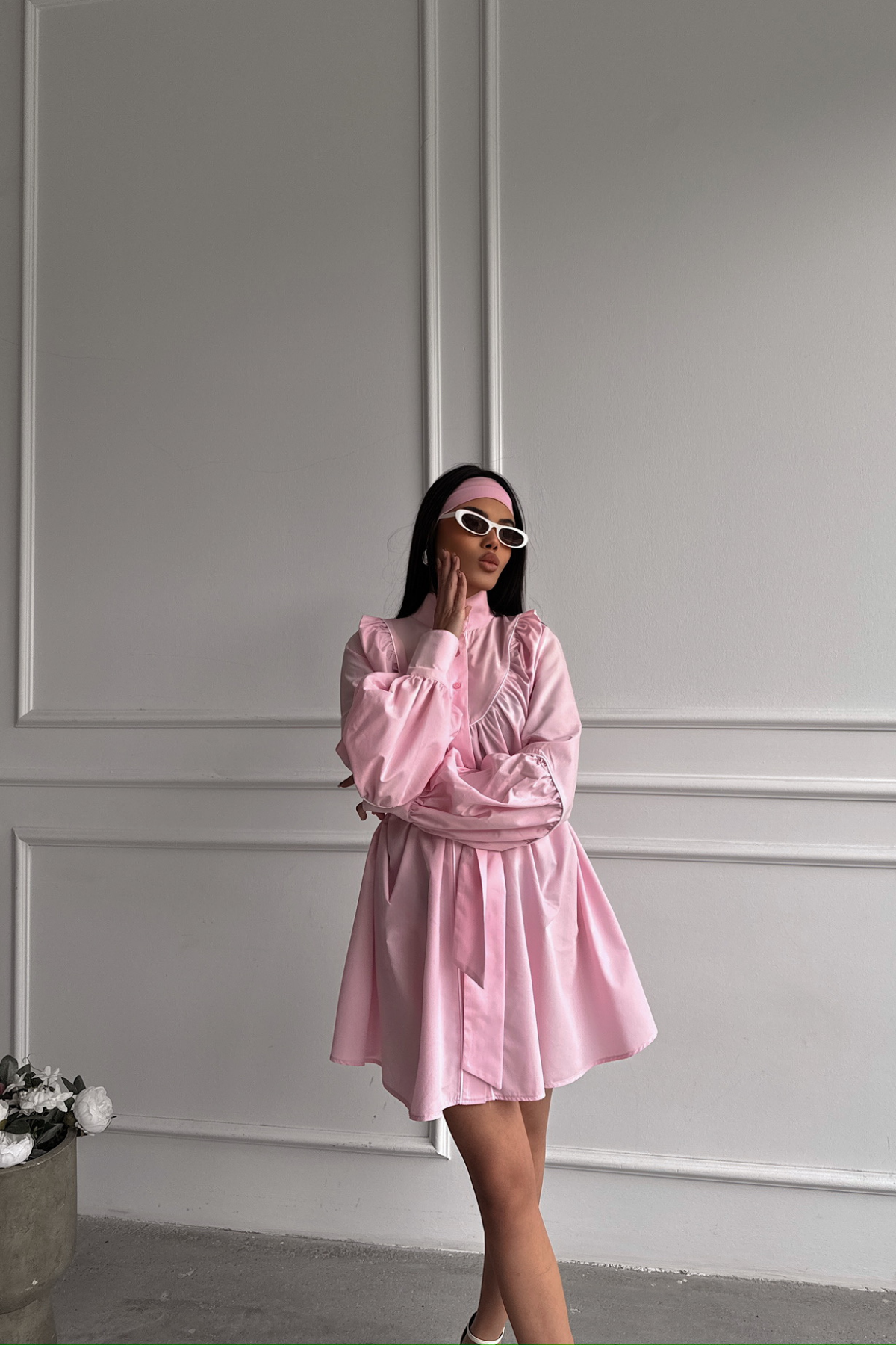 ÖNDEN DÜĞMELİ POPLİN KLOŞ ELBİSE BAĞLAMA KEMER DETAYLI - Pembe