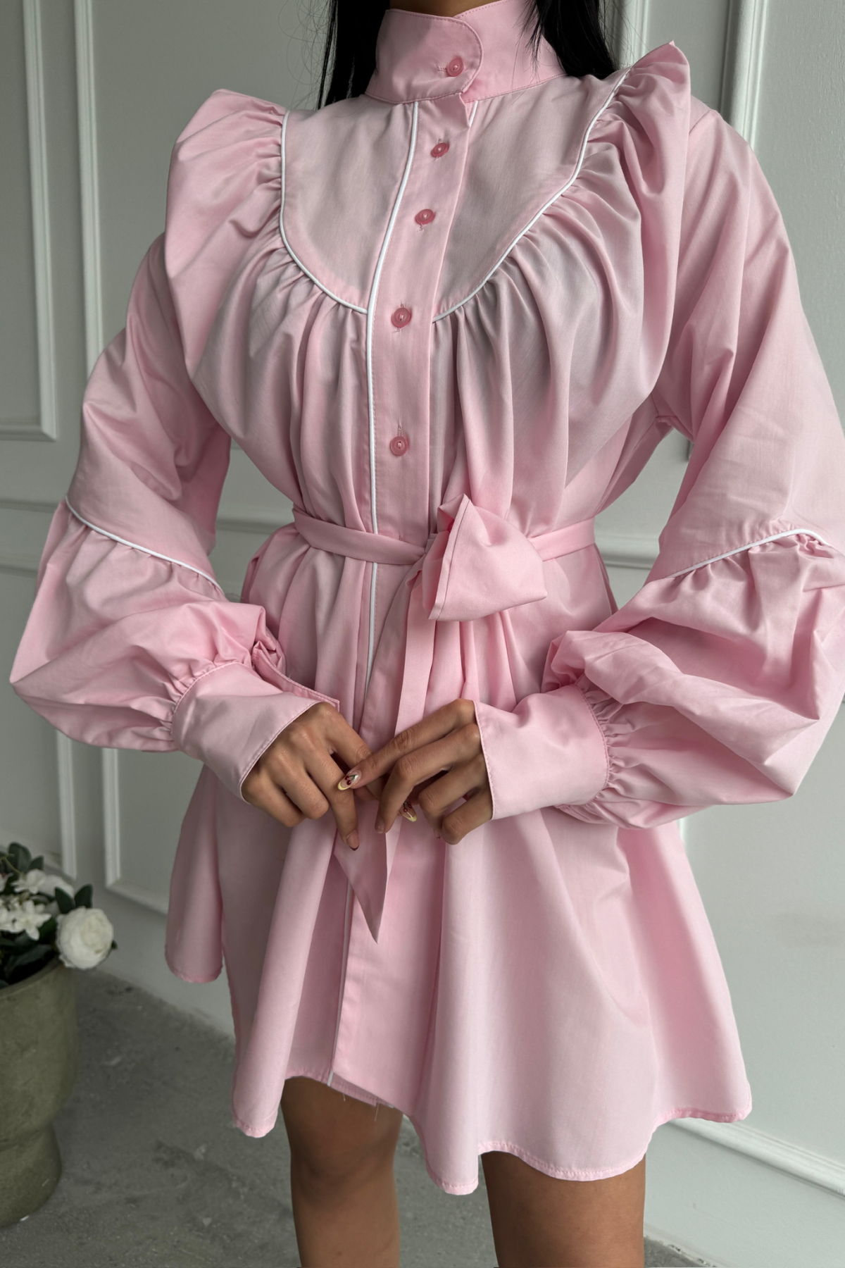 ÖNDEN DÜĞMELİ POPLİN KLOŞ ELBİSE BAĞLAMA KEMER DETAYLI - Pembe