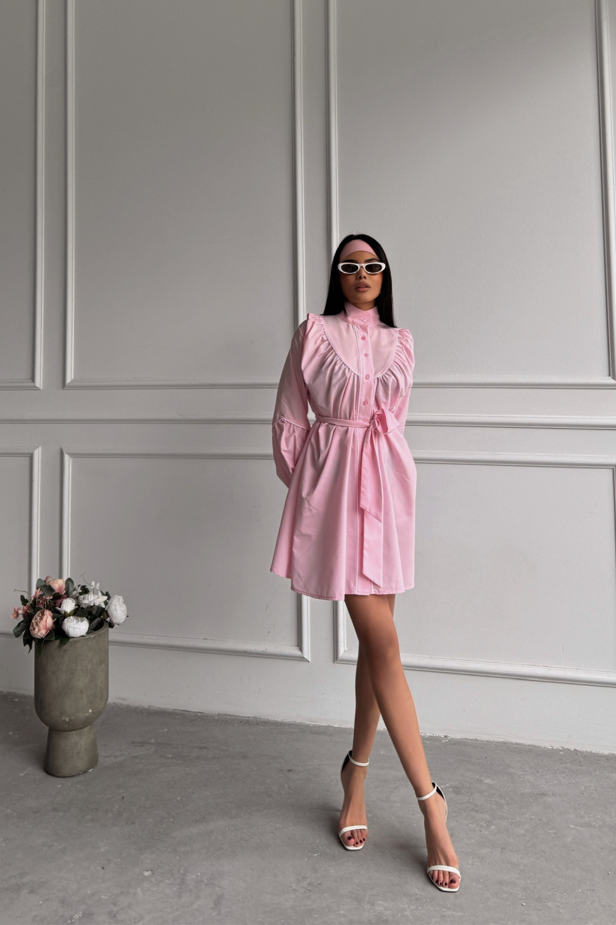 ÖNDEN DÜĞMELİ POPLİN KLOŞ ELBİSE BAĞLAMA KEMER DETAYLI - Pembe
