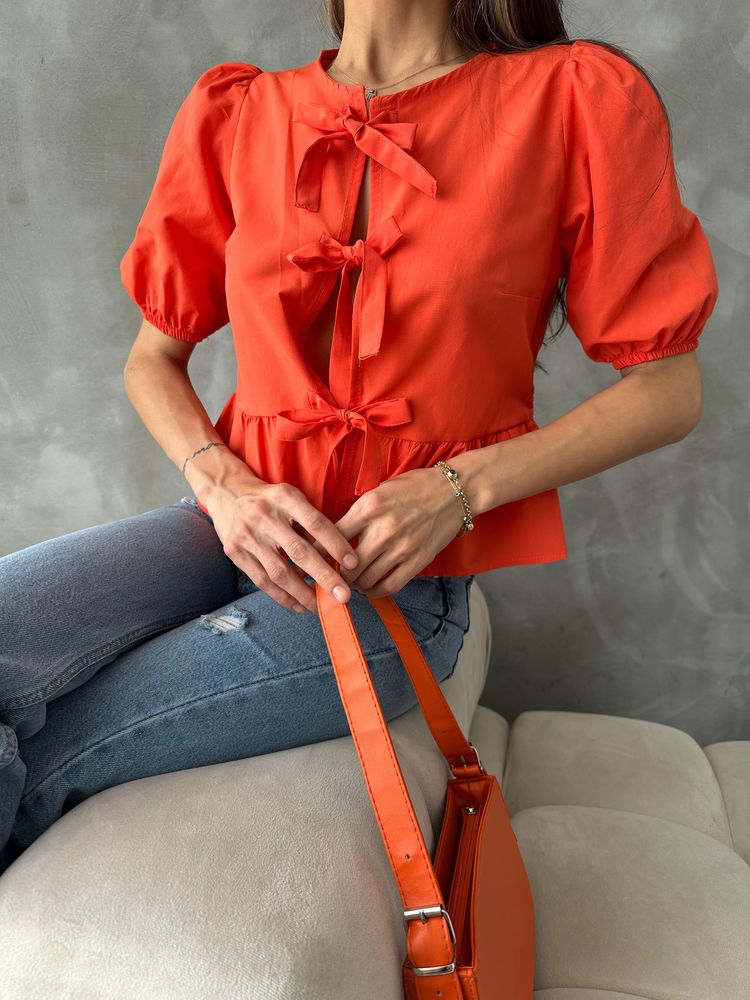 Topshow Oranj Önden Bağlamalı Poplin Toptan Bluz