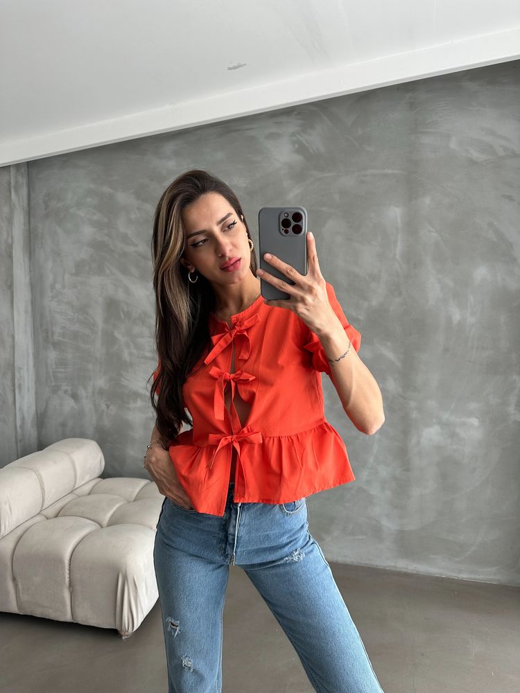 Topshow Oranj Önden Bağlamalı Poplin Toptan Bluz