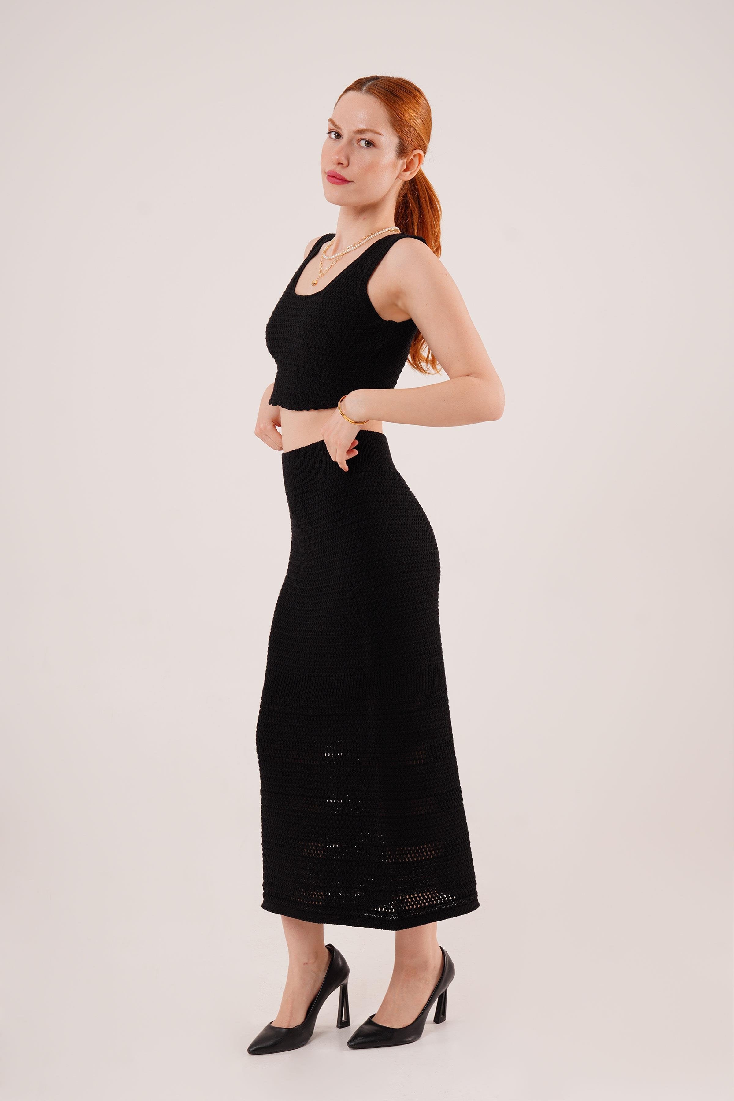 Örme Detaylı Etek Ve Bluz Toptan Siyah Takım