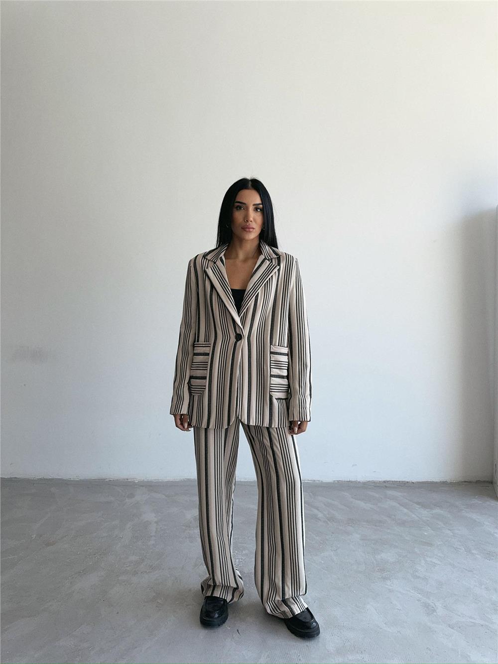 OTTOMAN ÇİZGİLİ CEKET-PANTOLON TK - Bej