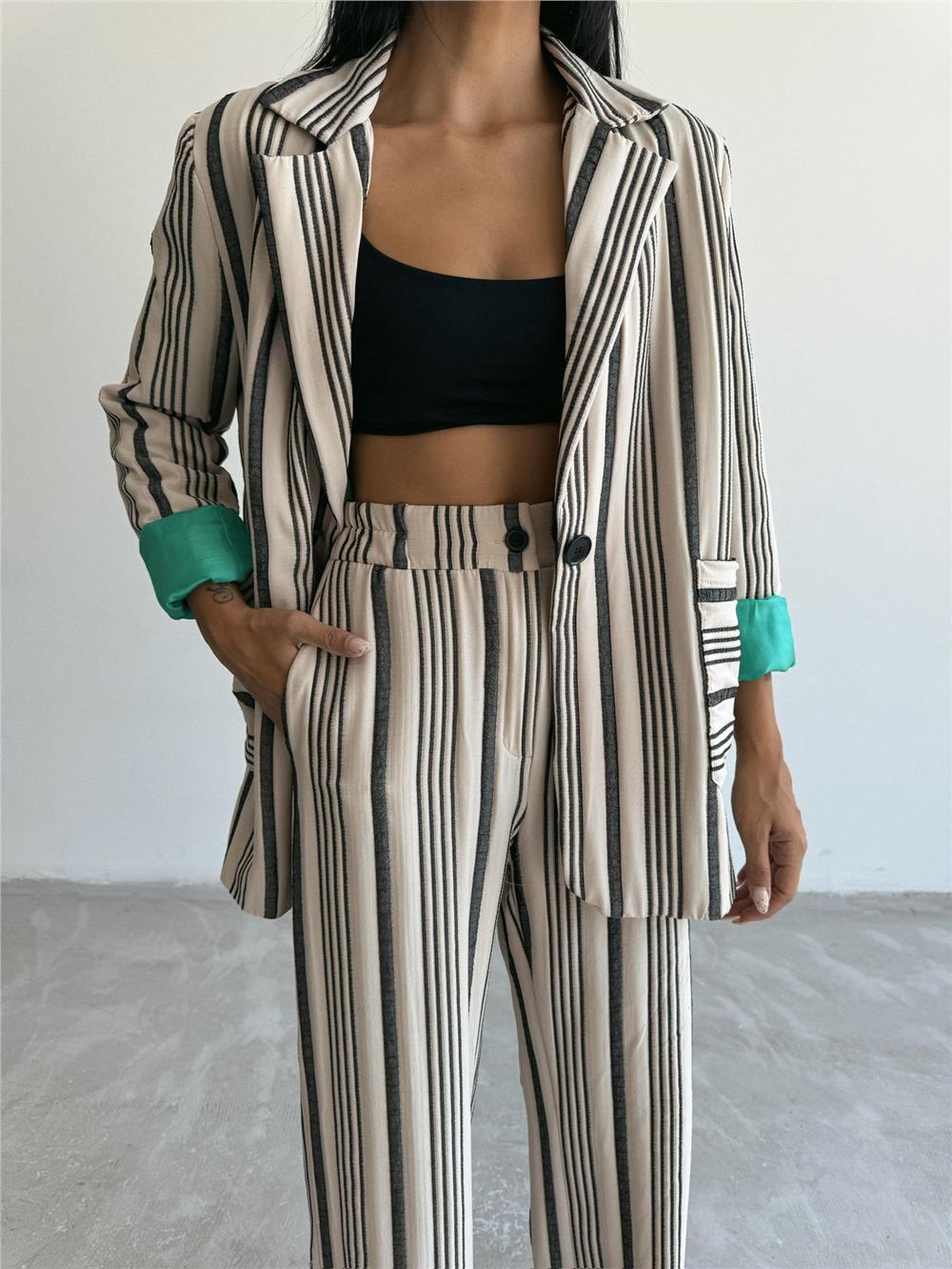 OTTOMAN ÇİZGİLİ CEKET-PANTOLON TK - Bej