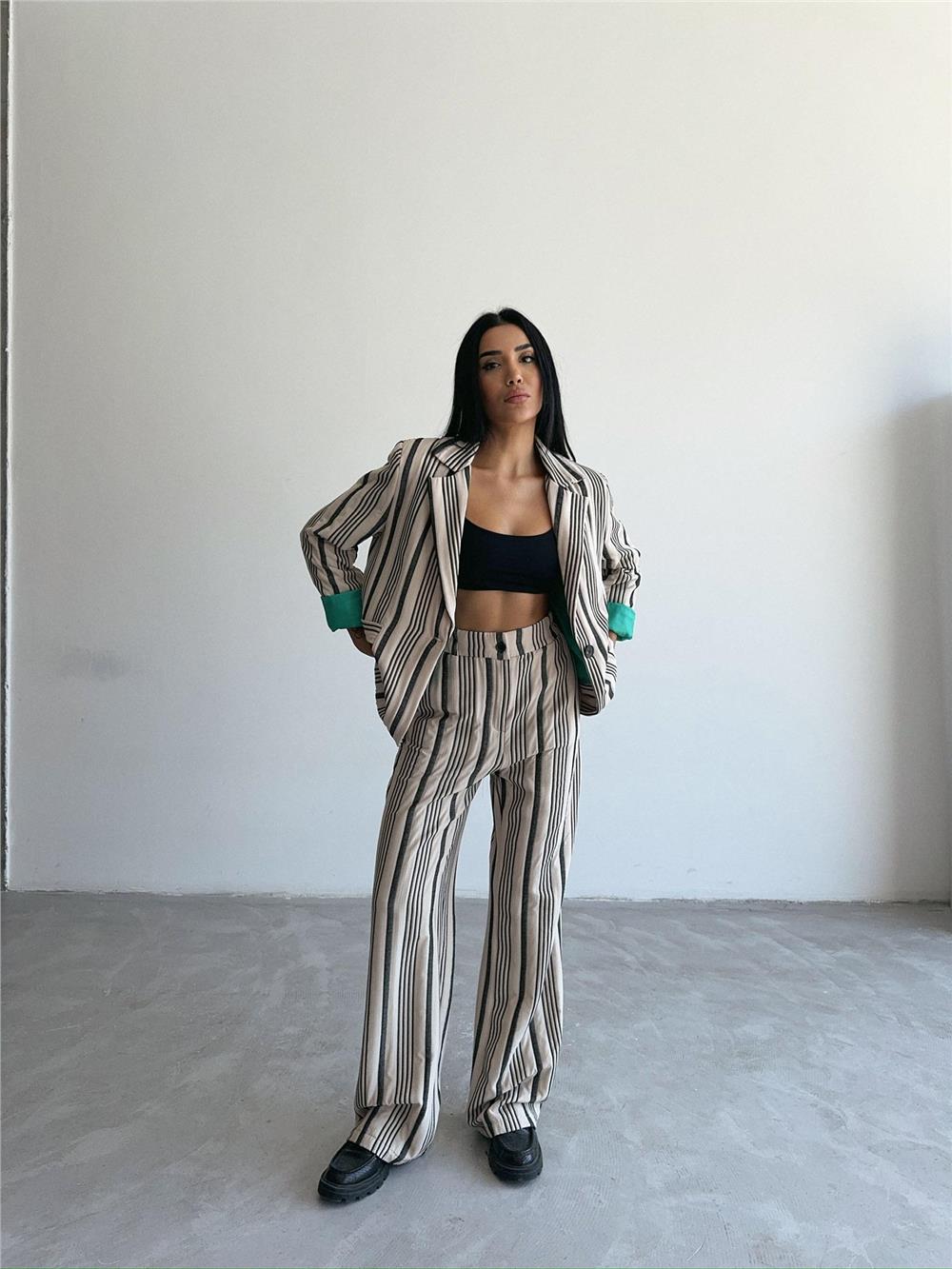 OTTOMAN ÇİZGİLİ CEKET-PANTOLON TK - Bej