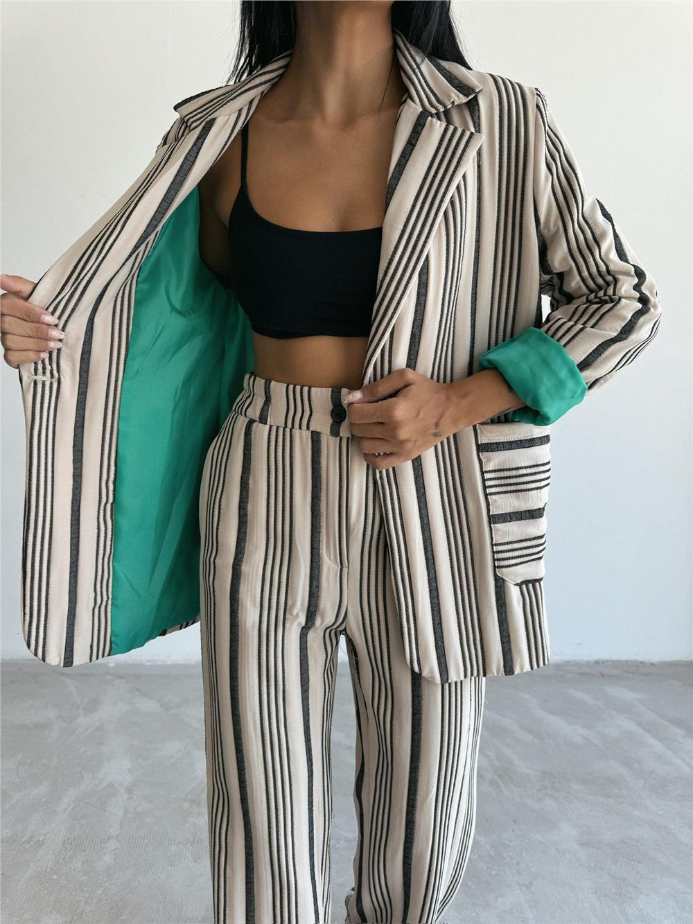 OTTOMAN ÇİZGİLİ CEKET-PANTOLON TK - Bej