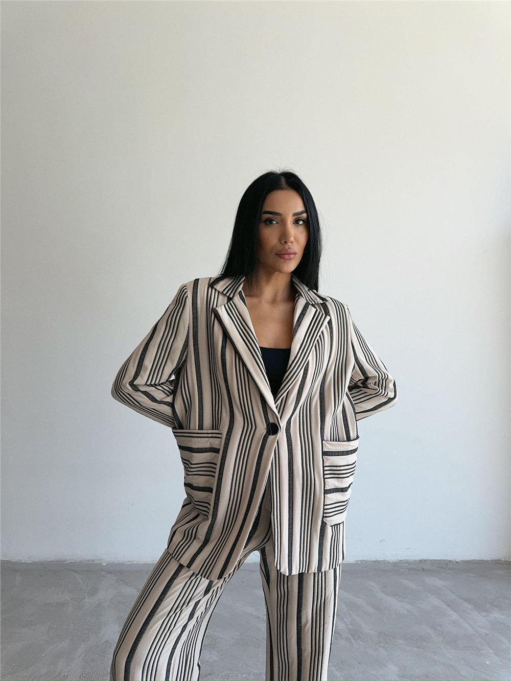 OTTOMAN ÇİZGİLİ CEKET-PANTOLON TK - Bej