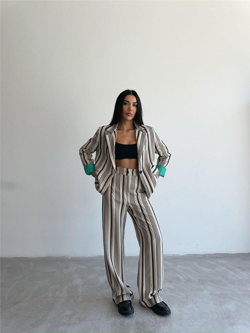 OTTOMAN ÇİZGİLİ CEKET-PANTOLON TK - Bej