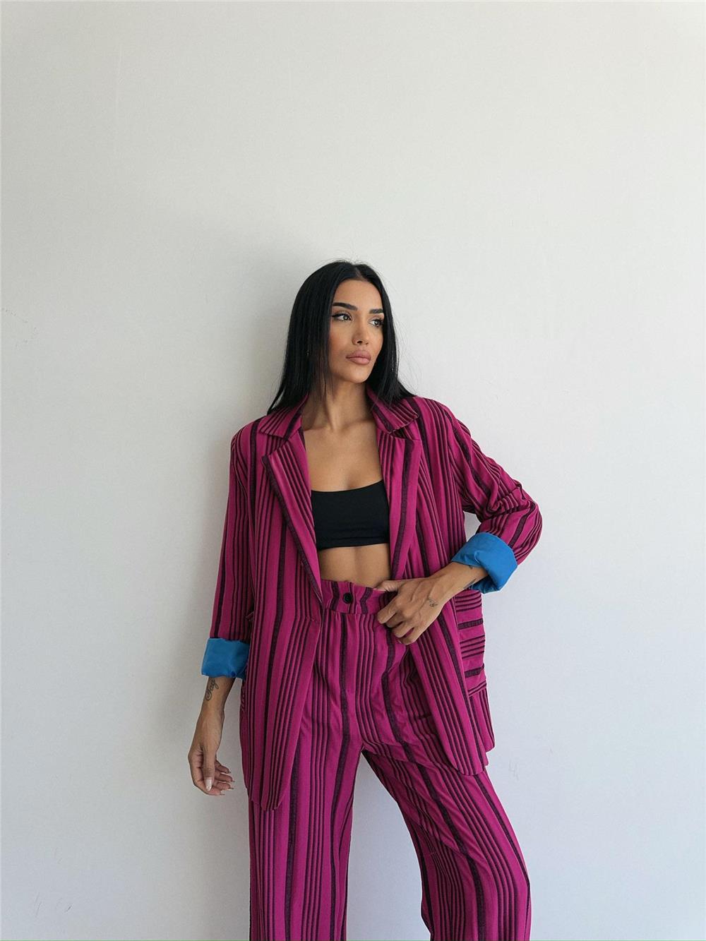OTTOMAN ÇİZGİLİ CEKET-PANTOLON TK - Fuşya
