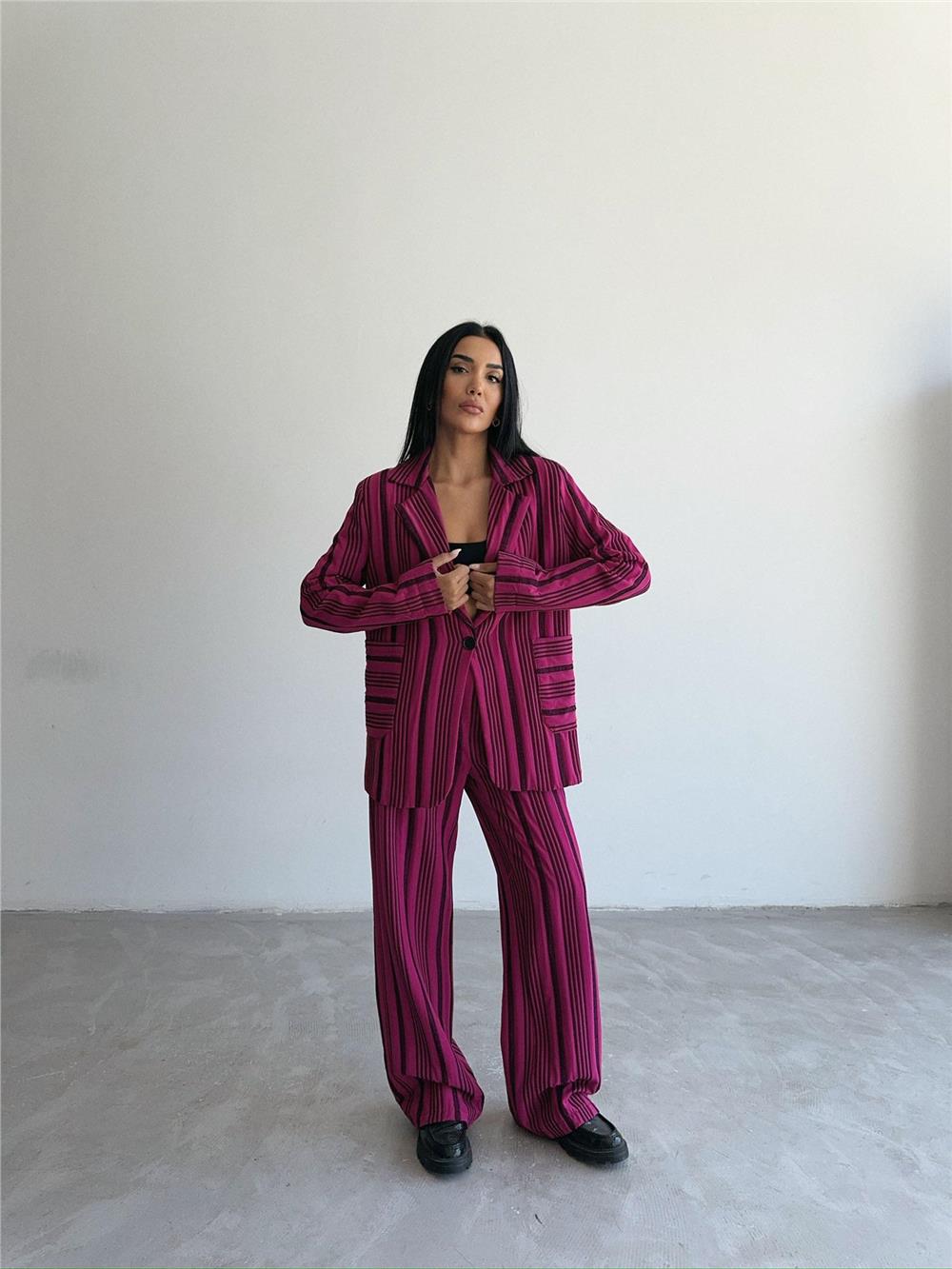 OTTOMAN ÇİZGİLİ CEKET-PANTOLON TK - Fuşya