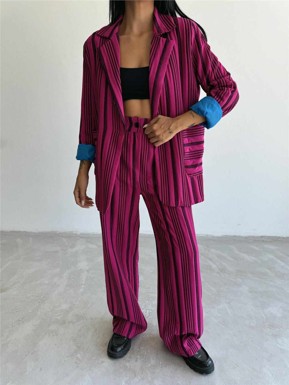 OTTOMAN ÇİZGİLİ CEKET-PANTOLON TK - Fuşya