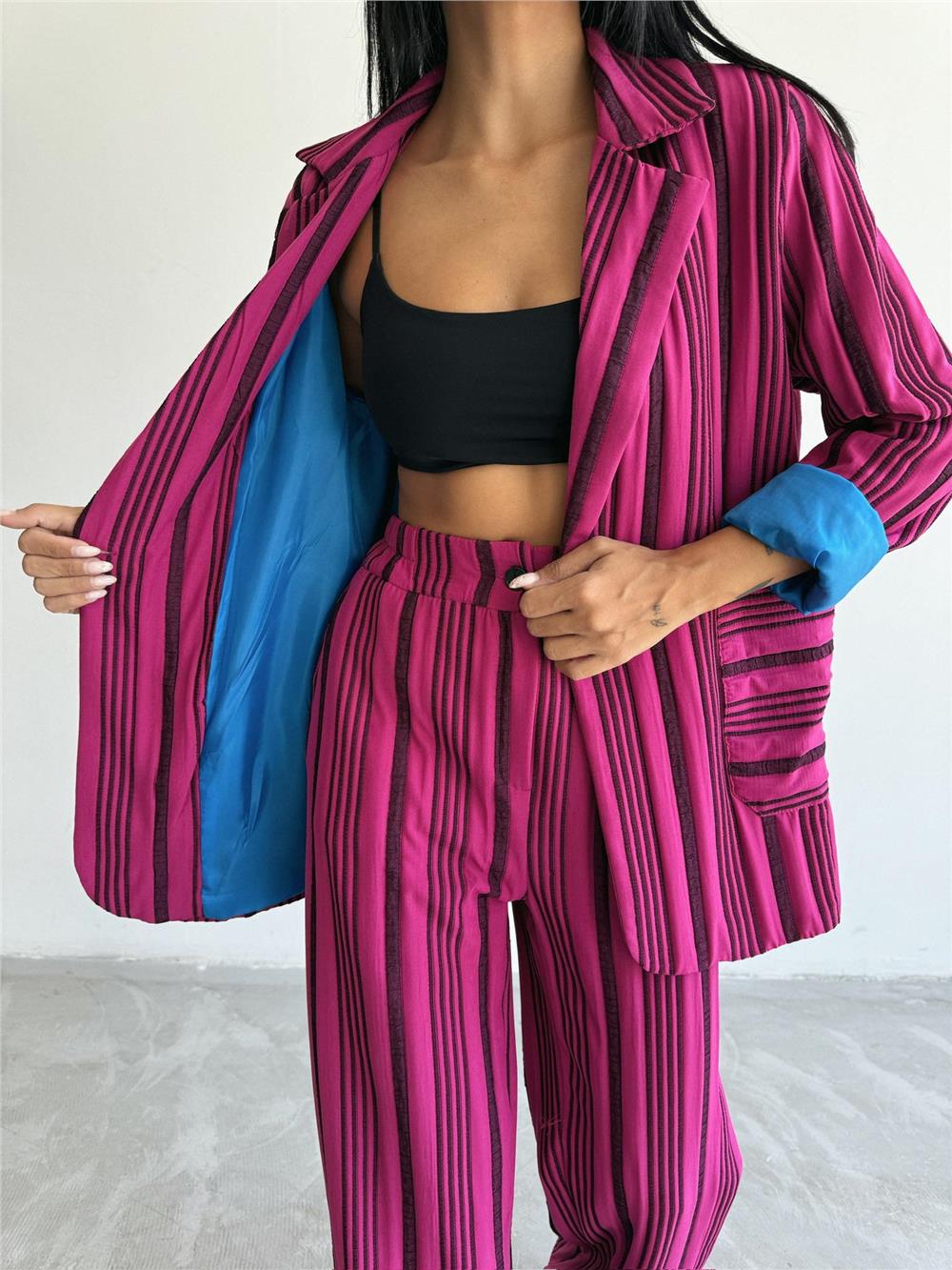 OTTOMAN ÇİZGİLİ CEKET-PANTOLON TK - Fuşya