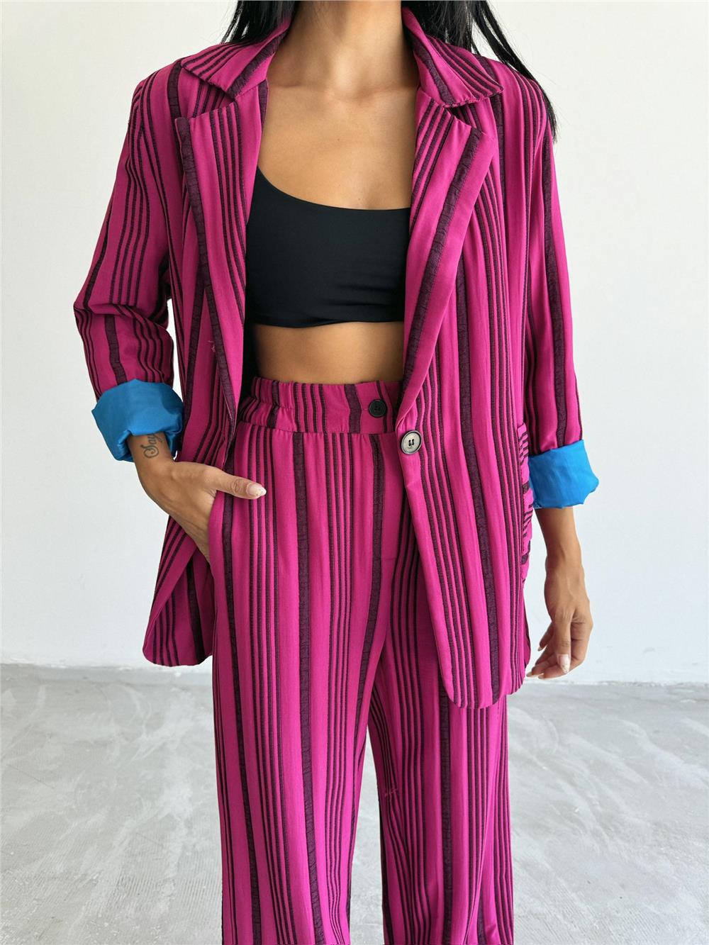 OTTOMAN ÇİZGİLİ CEKET-PANTOLON TK - Fuşya