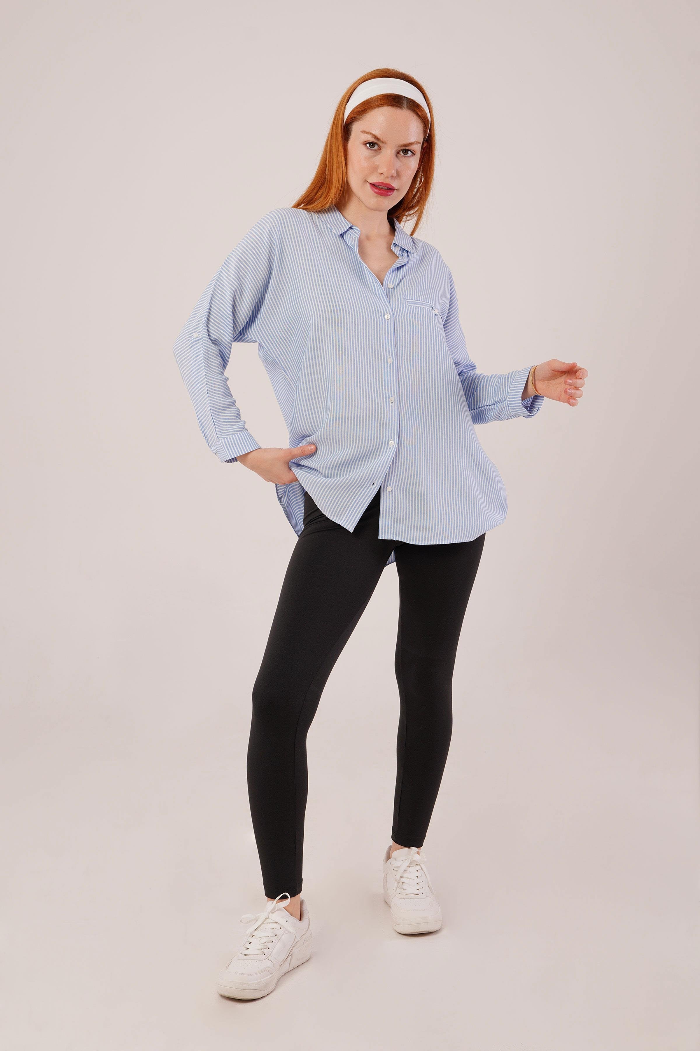 Cep Detay Mavi Oversize Çizgili Toptan Gömlek