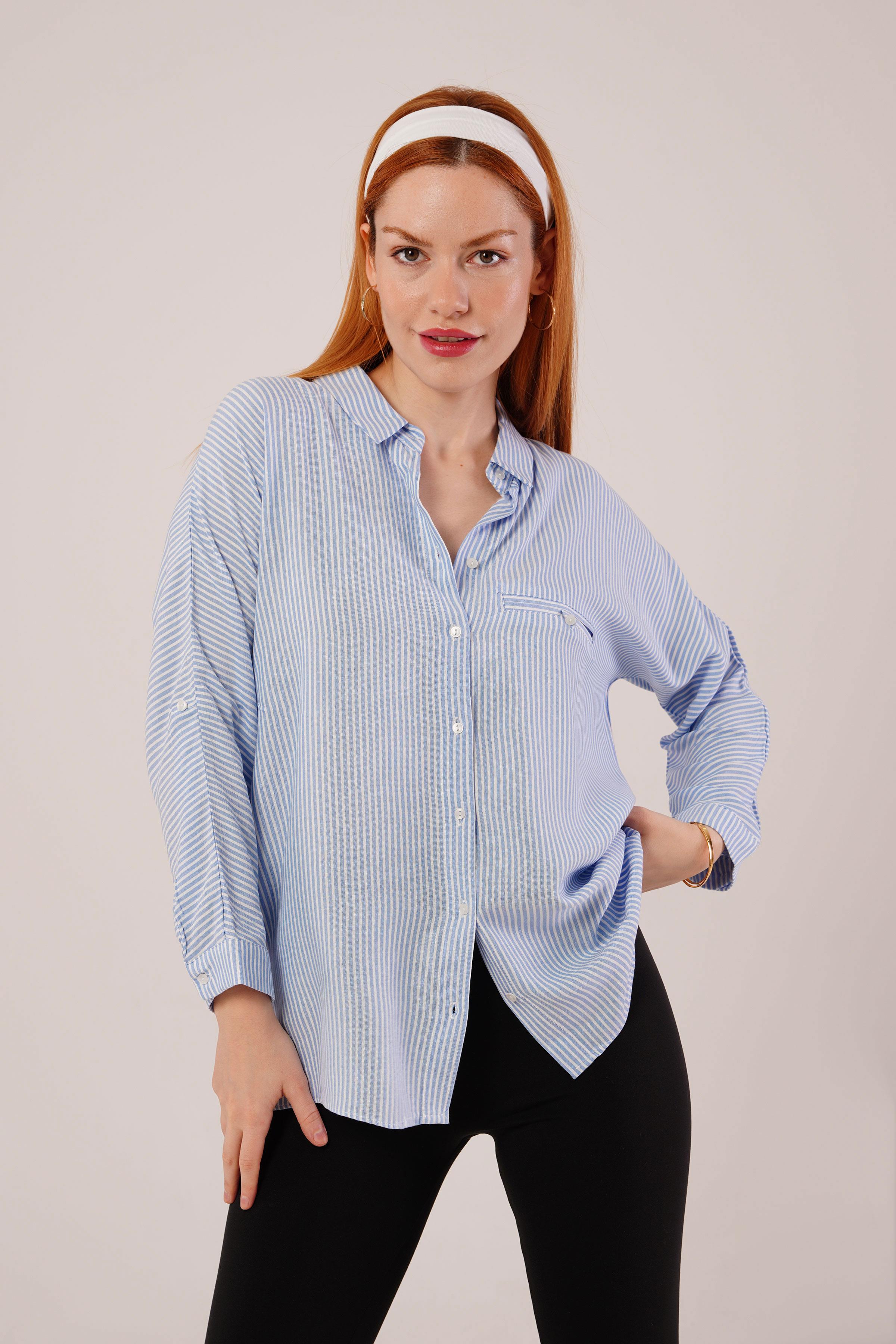 Cep Detay Mavi Oversize Çizgili Toptan Gömlek Mavi S