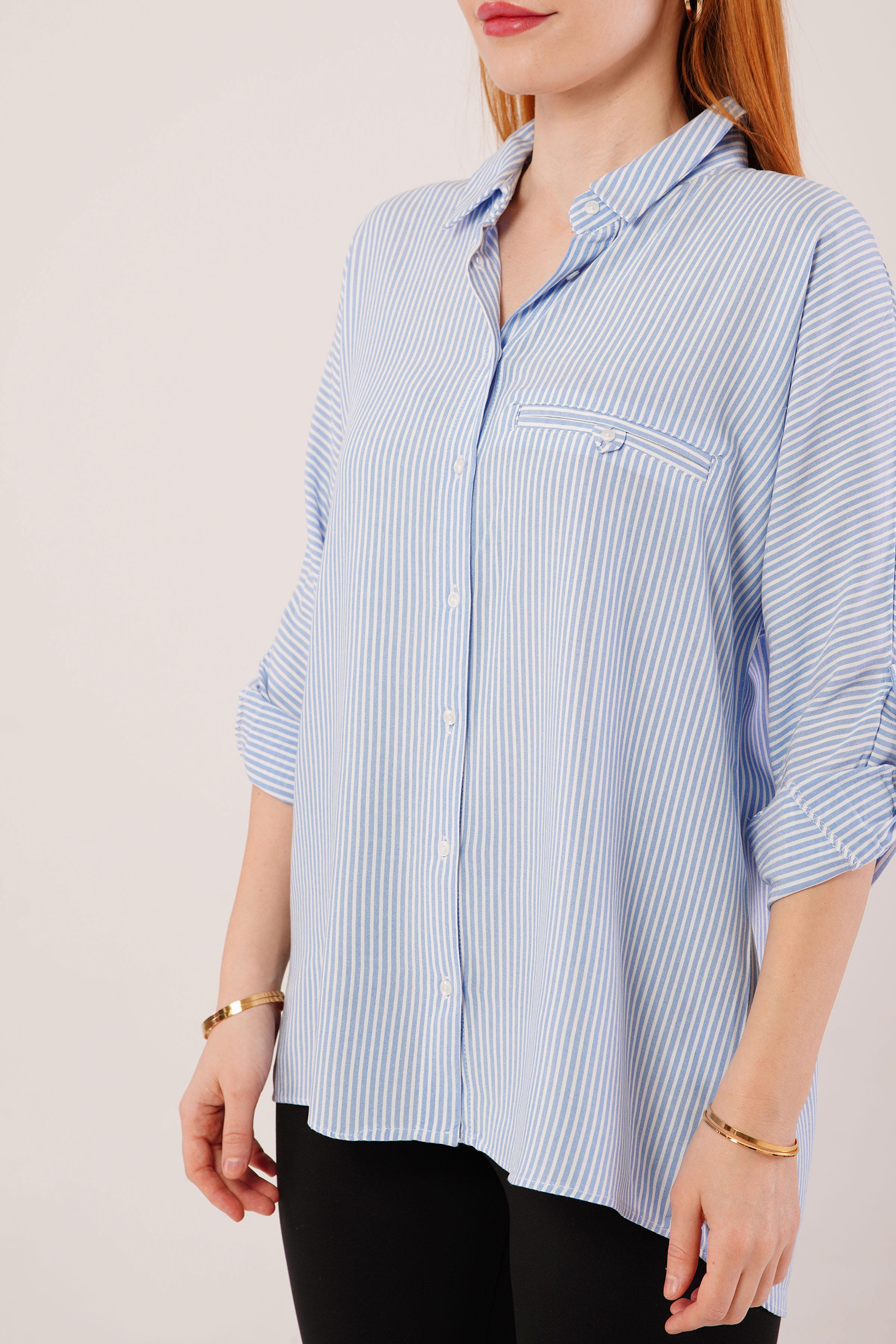 Cep Detay Mavi Oversize Çizgili Toptan Gömlek