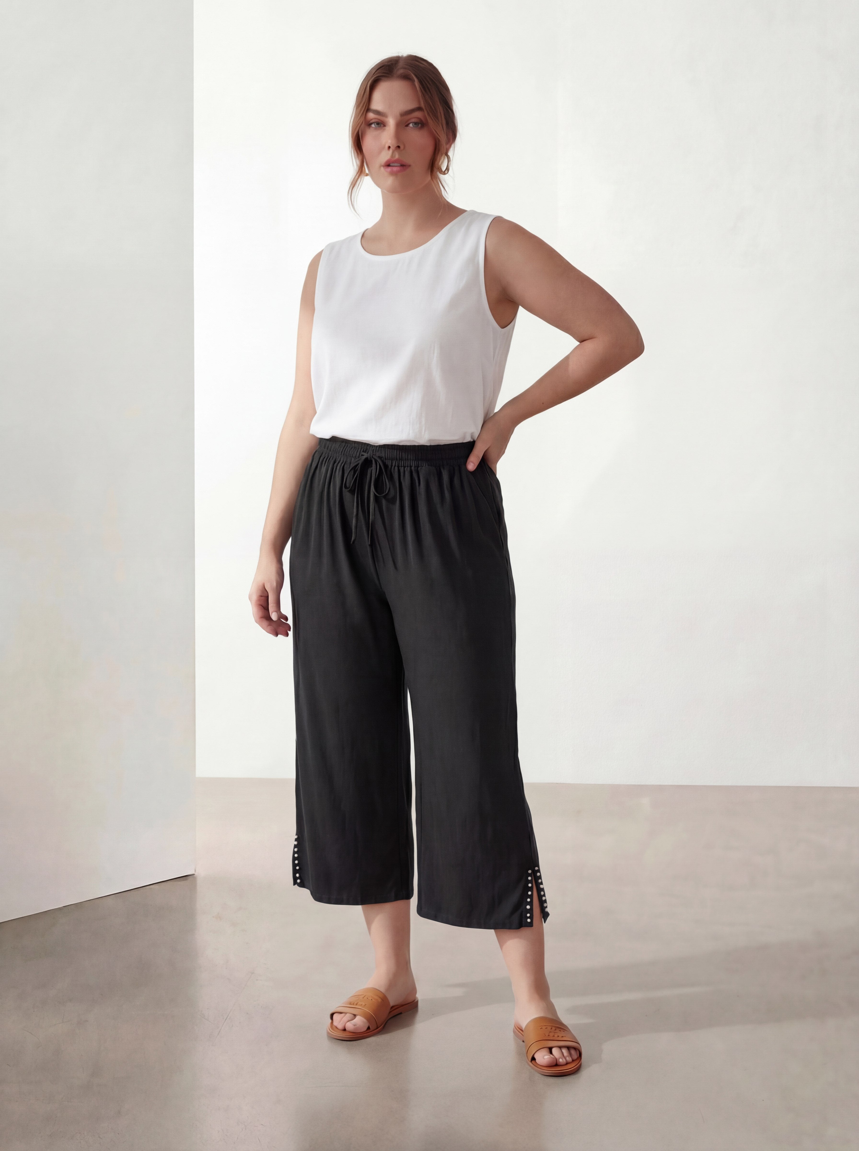 Women's Plus Size Black Capri with Side Slits and Stone Wash Print