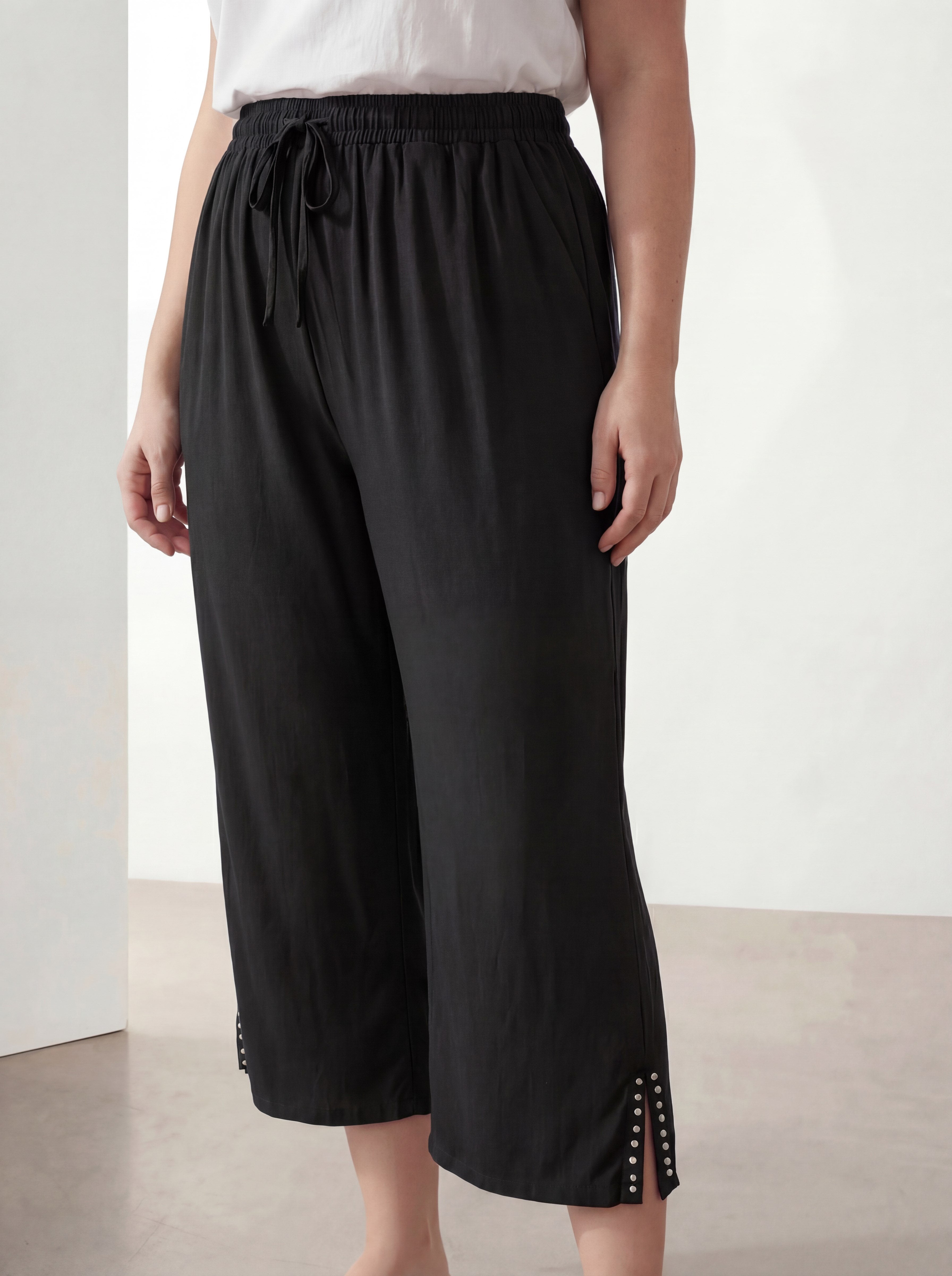 Women's Plus Size Black Capri with Side Slits and Stone Wash Print