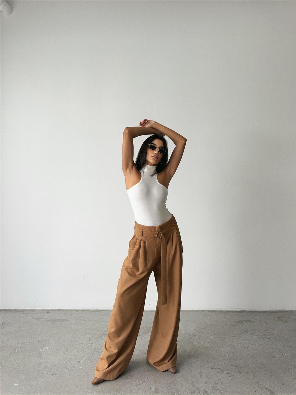 PALAZZO PANTOLON KUMAŞ KEMER DETAYLI - Bej