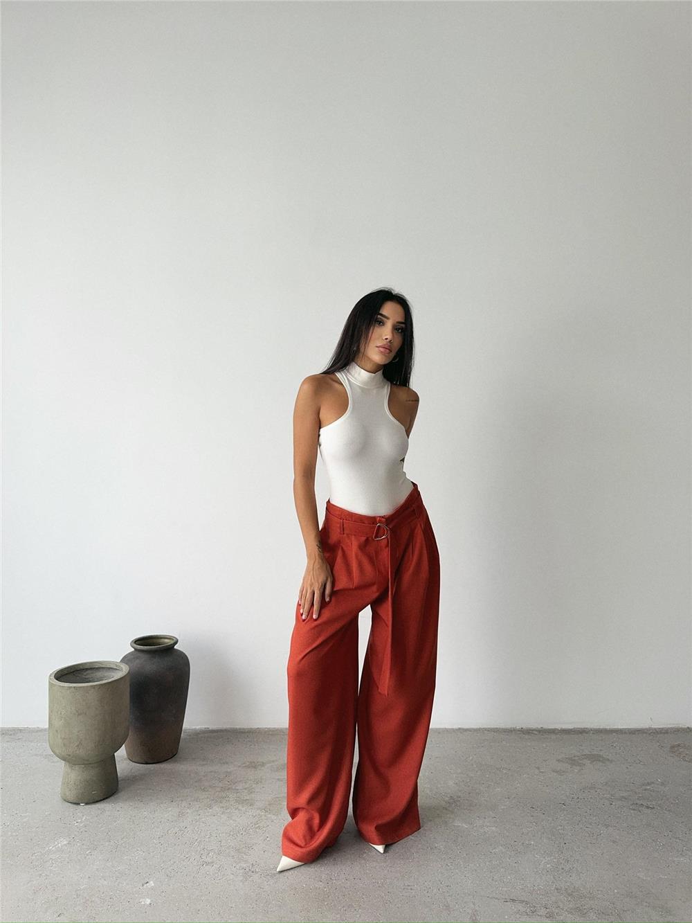 PALAZZO PANTOLON KUMAŞ KEMER DETAYLI - Kiremit