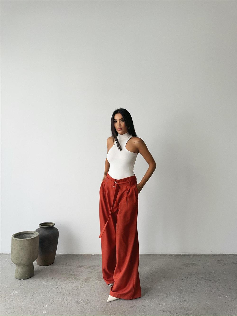 PALAZZO PANTOLON KUMAŞ KEMER DETAYLI - Kiremit