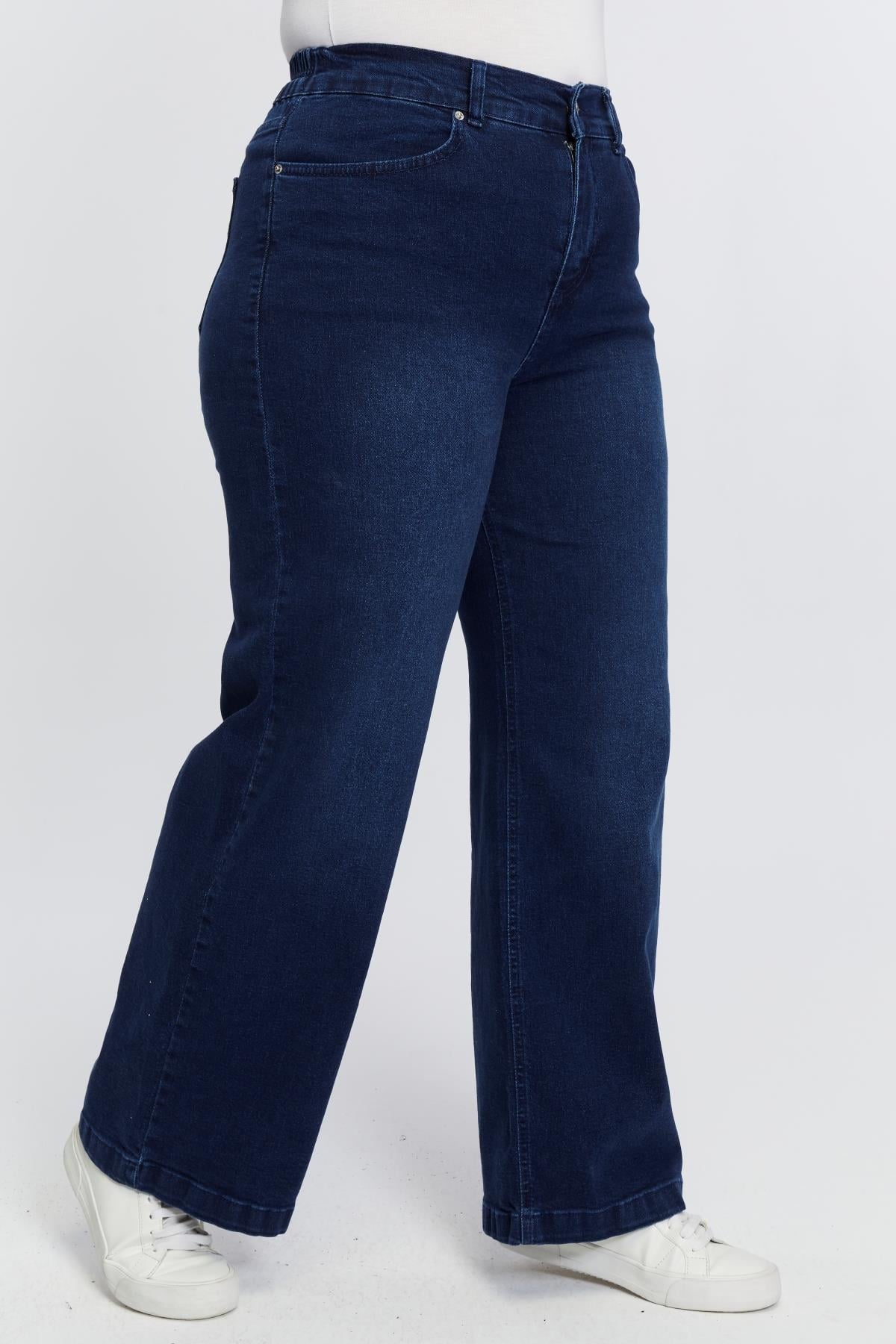 Beli Lastikli Bol Paça Büyük Beden Kot Pantolon Lacivert