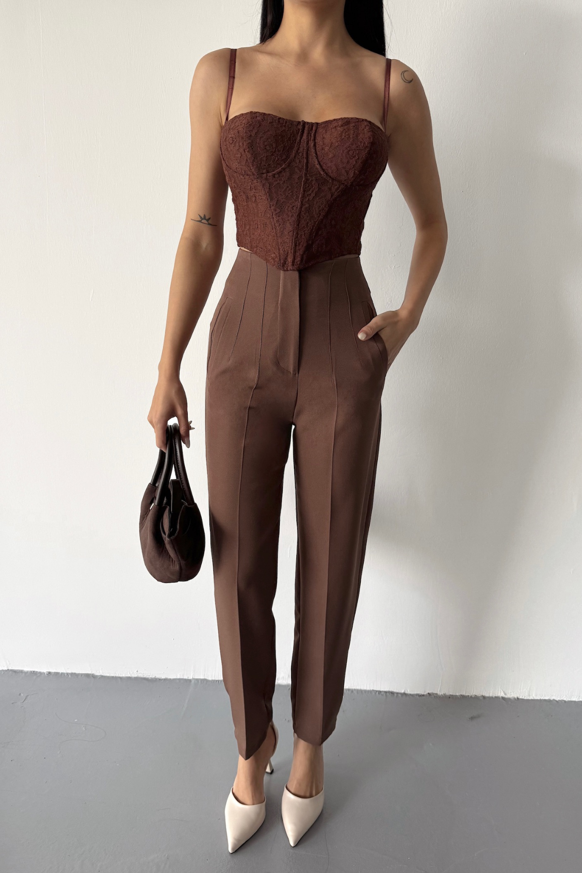 PANTOLON PENSLİ ATLAS KUMAŞ - Kahverengi