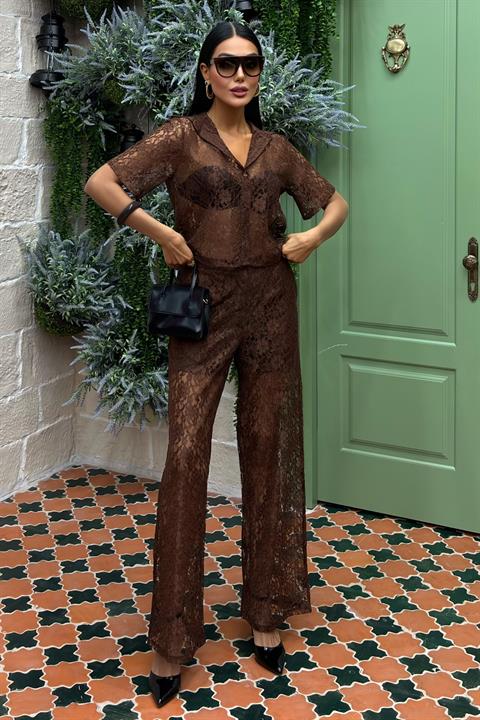 Pantolonu Astarlı Dantel İkili Takım 10119 KAHVERENGİ L