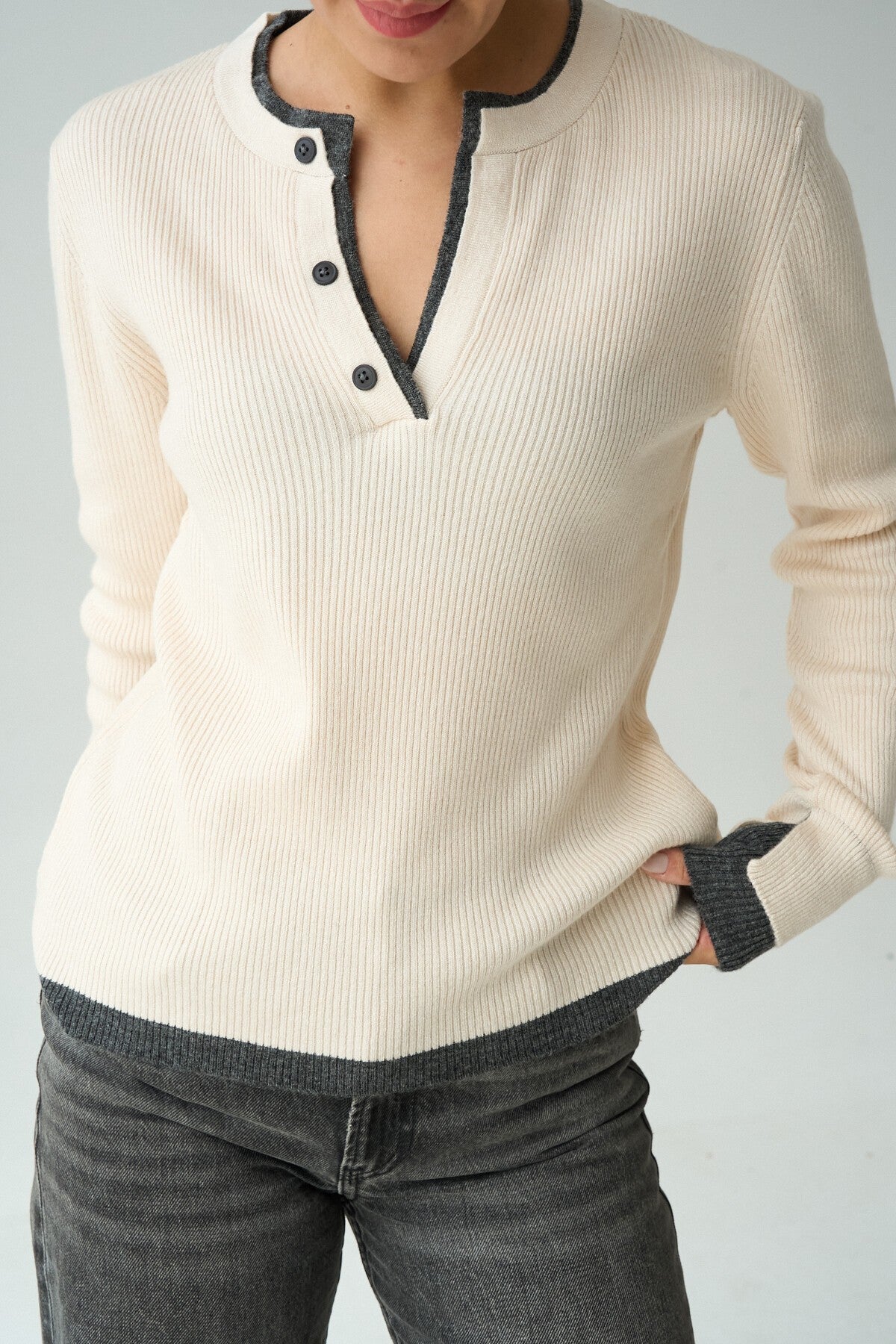 Vanilla-Dark Grey Two-Tone Sweater with Placket