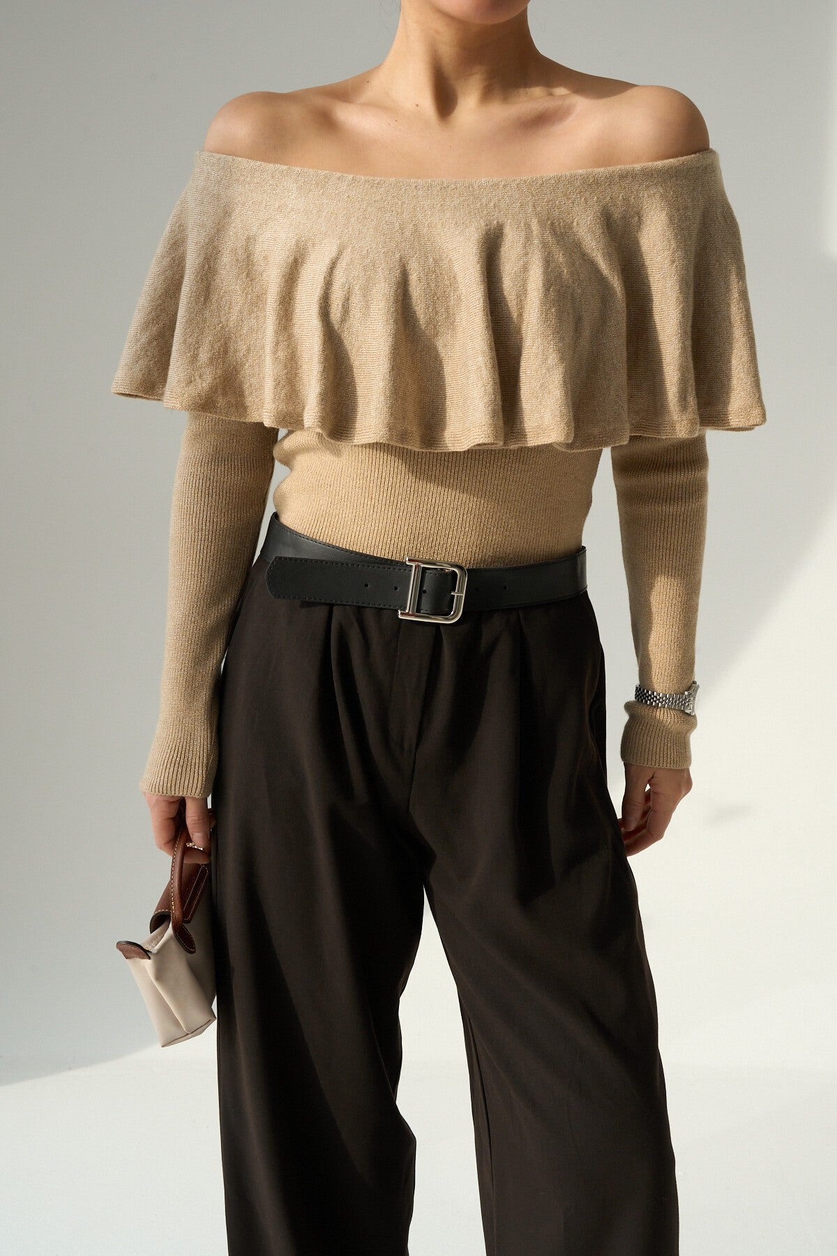 Beige Pleated Collar Sweater