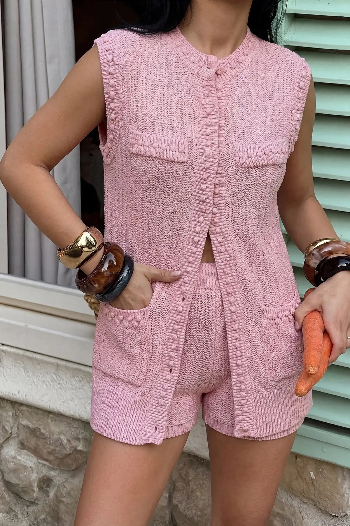 Pembe Alfie Mini Şortlu Triko Takım