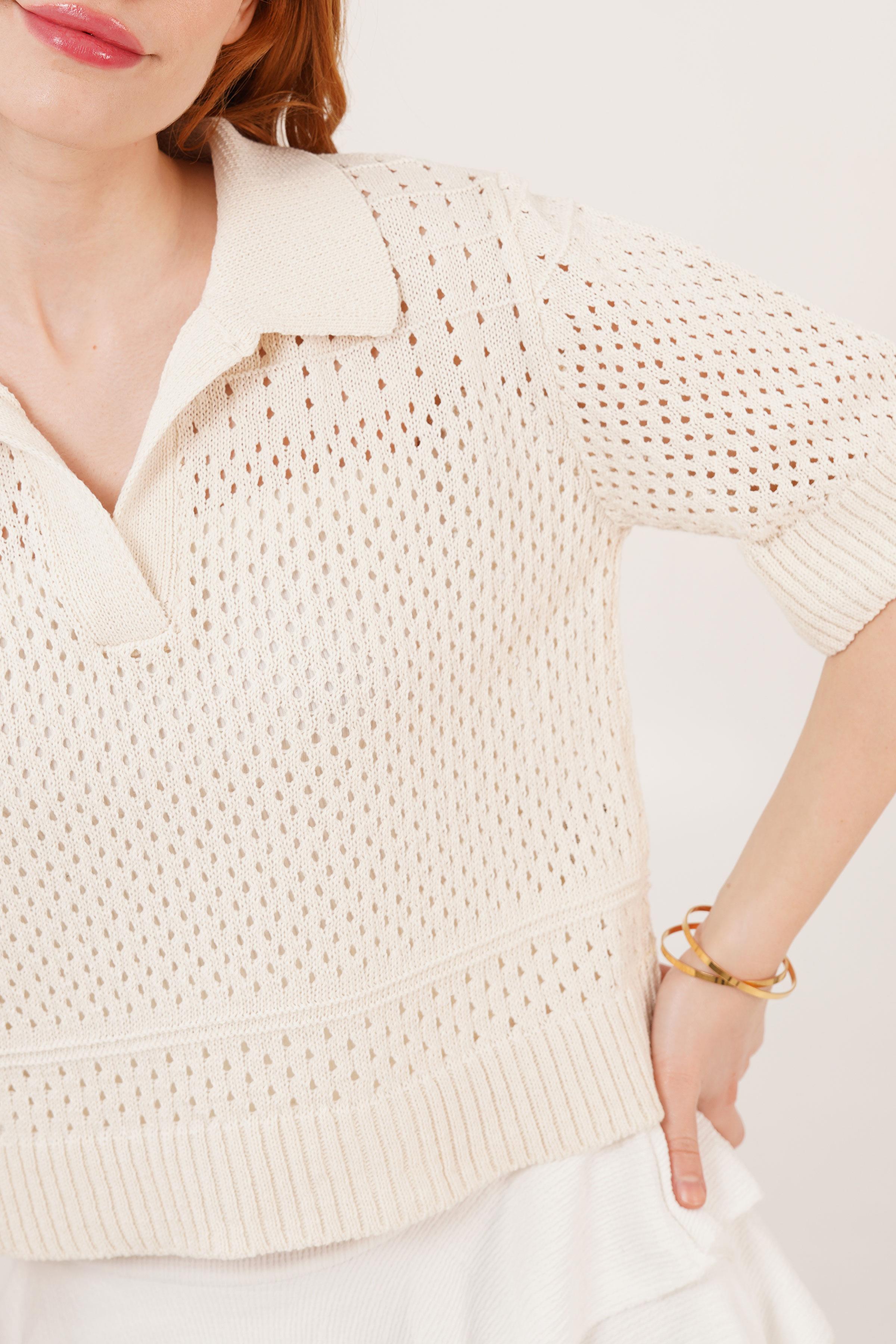 Polo Yaka Ajurlu Ekru Toptan Bluz