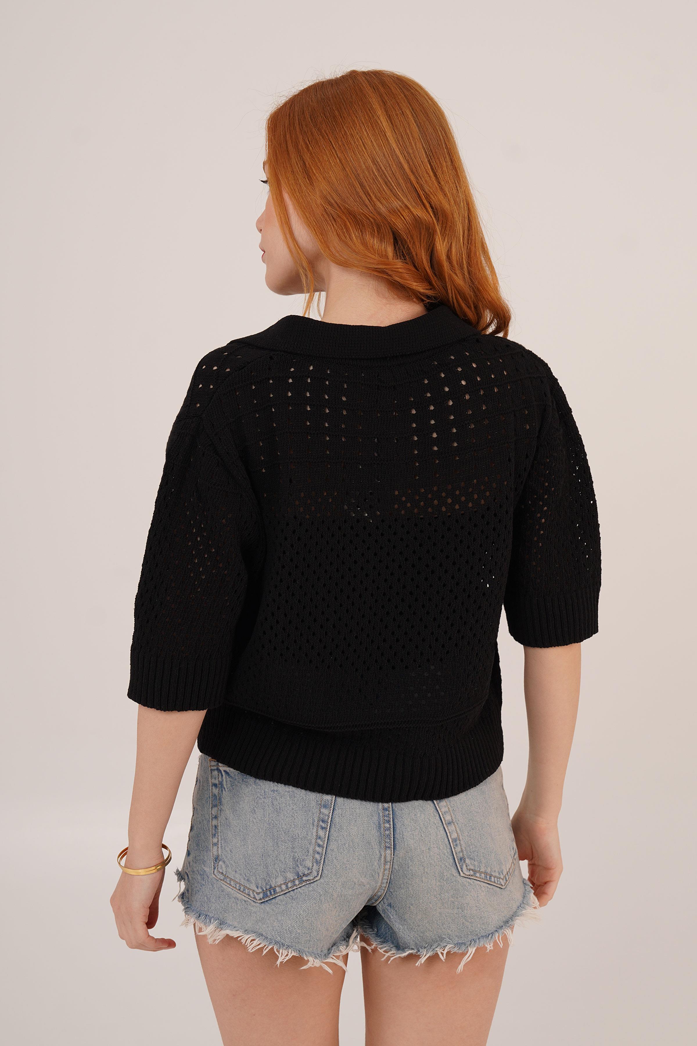 Polo Yaka Ajurlu Siyah Toptan Bluz