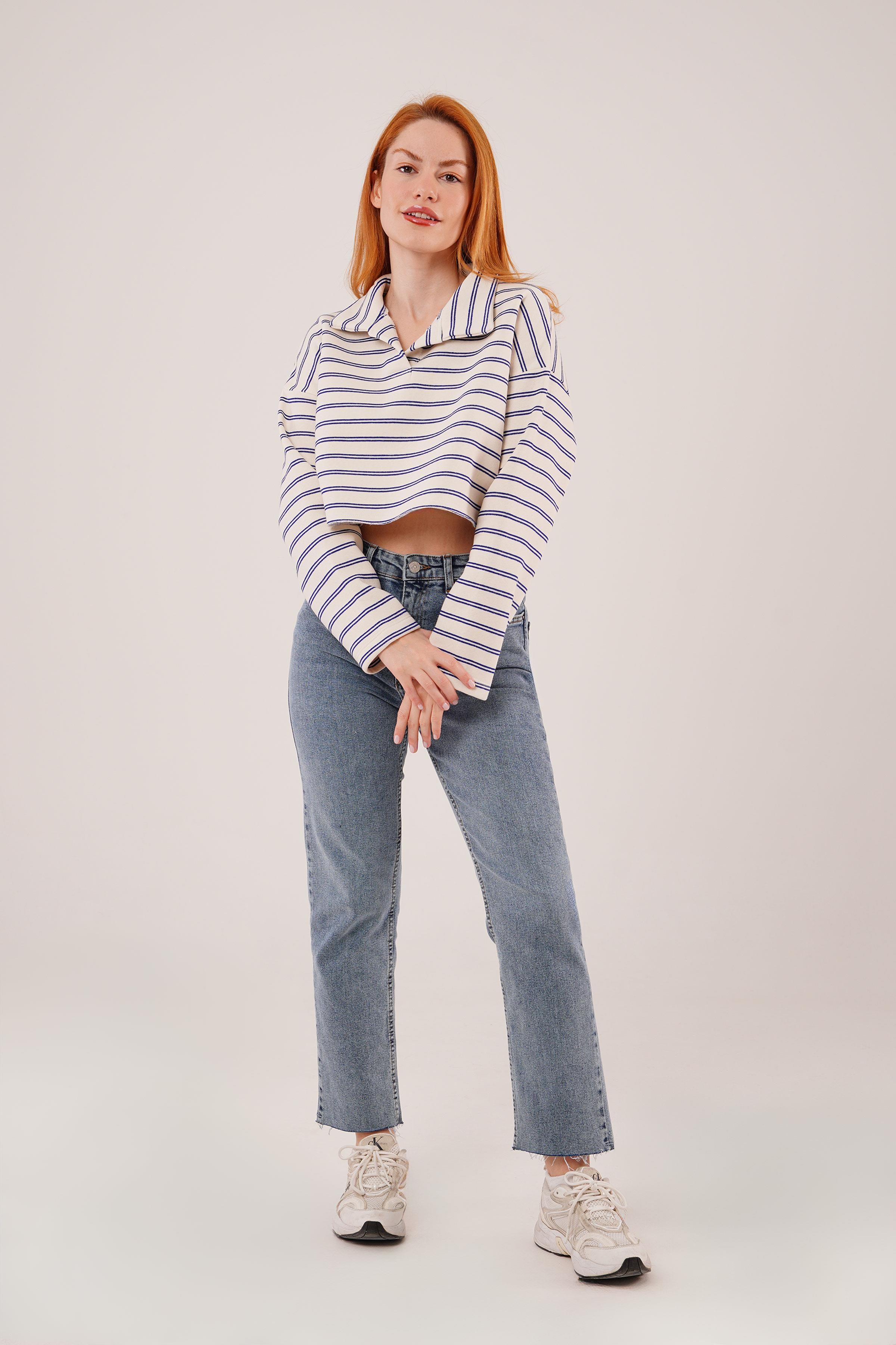 Polo Yaka Lacivert Çizgili Toptan Crop Sweatshirt