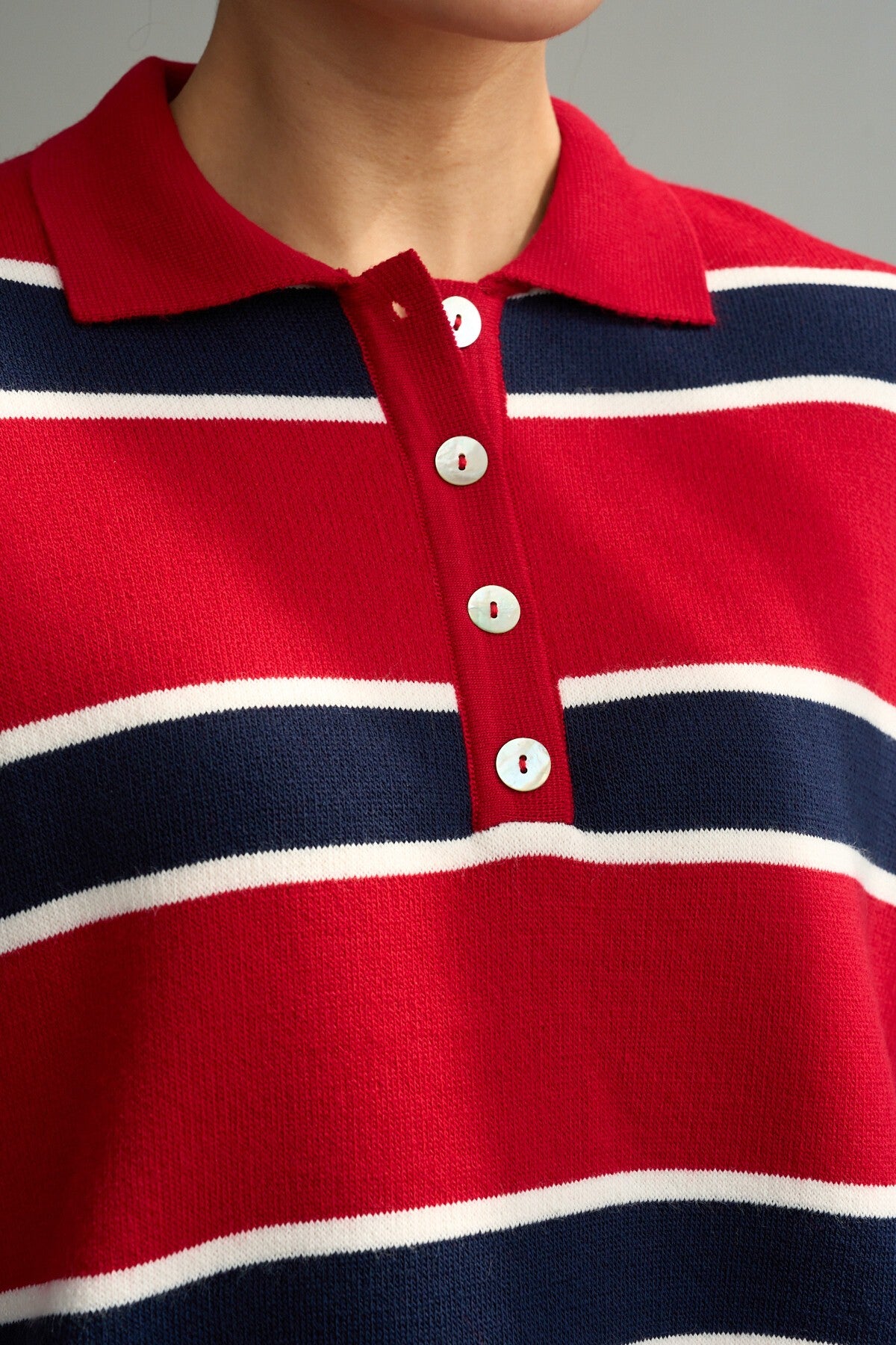 Red-Navy Blue Striped Polo Neck Sweater