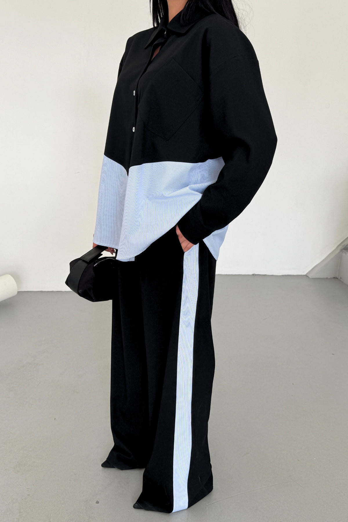 POLYVİSKON - POPLİN PARÇALI GÖMLEK PANTOLON TAKIM - Siyah