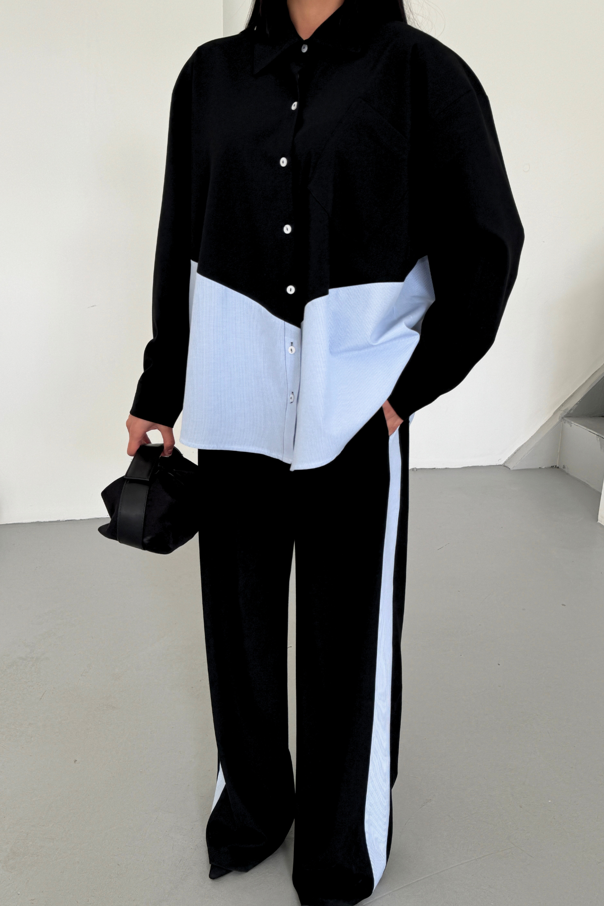 POLYVİSKON - POPLİN PARÇALI GÖMLEK PANTOLON TAKIM - Siyah