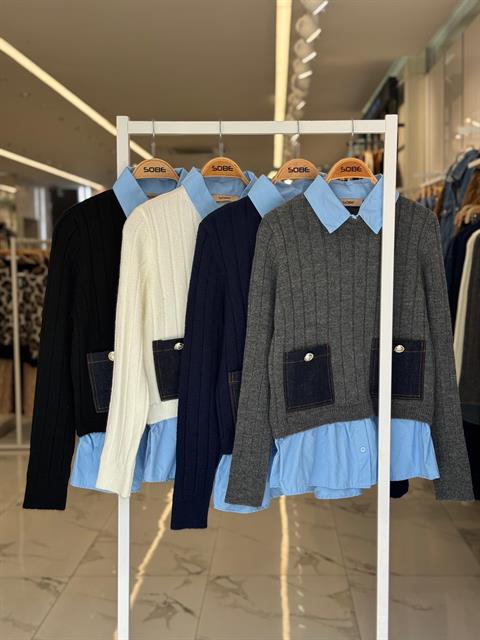 Poplin ve Denim Garnili Triko Kazak 1374