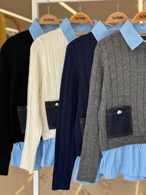 Poplin ve Denim Garnili Triko Kazak 1374