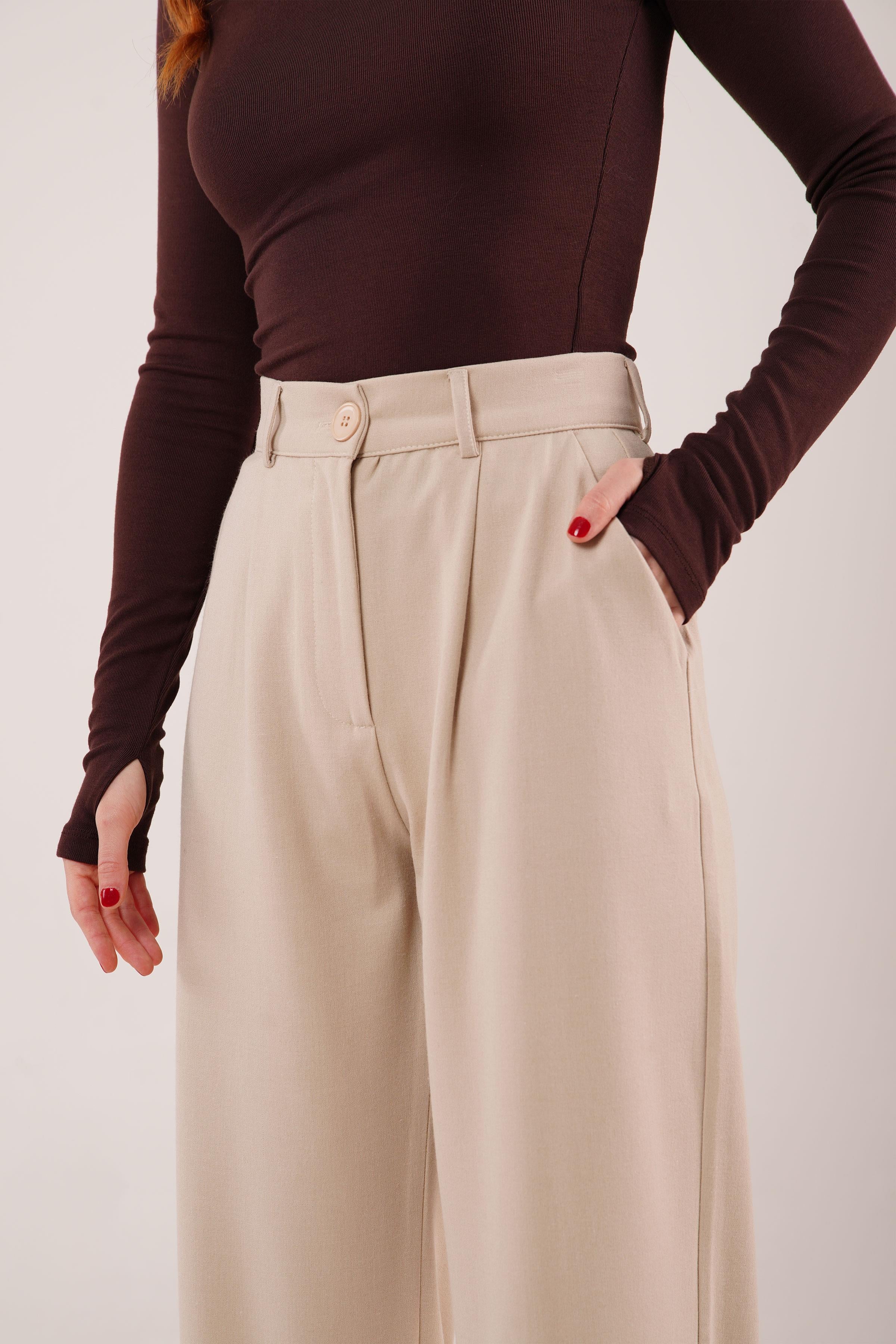 Premium Model Oturtmalı Toptan Krem Pantolon