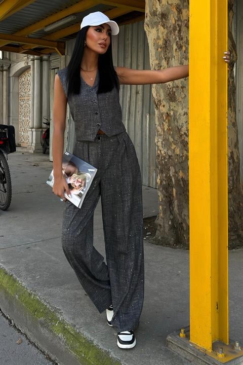 Pul Payetli ve Simli Yelekli Takım 10088 ANTRASİT L