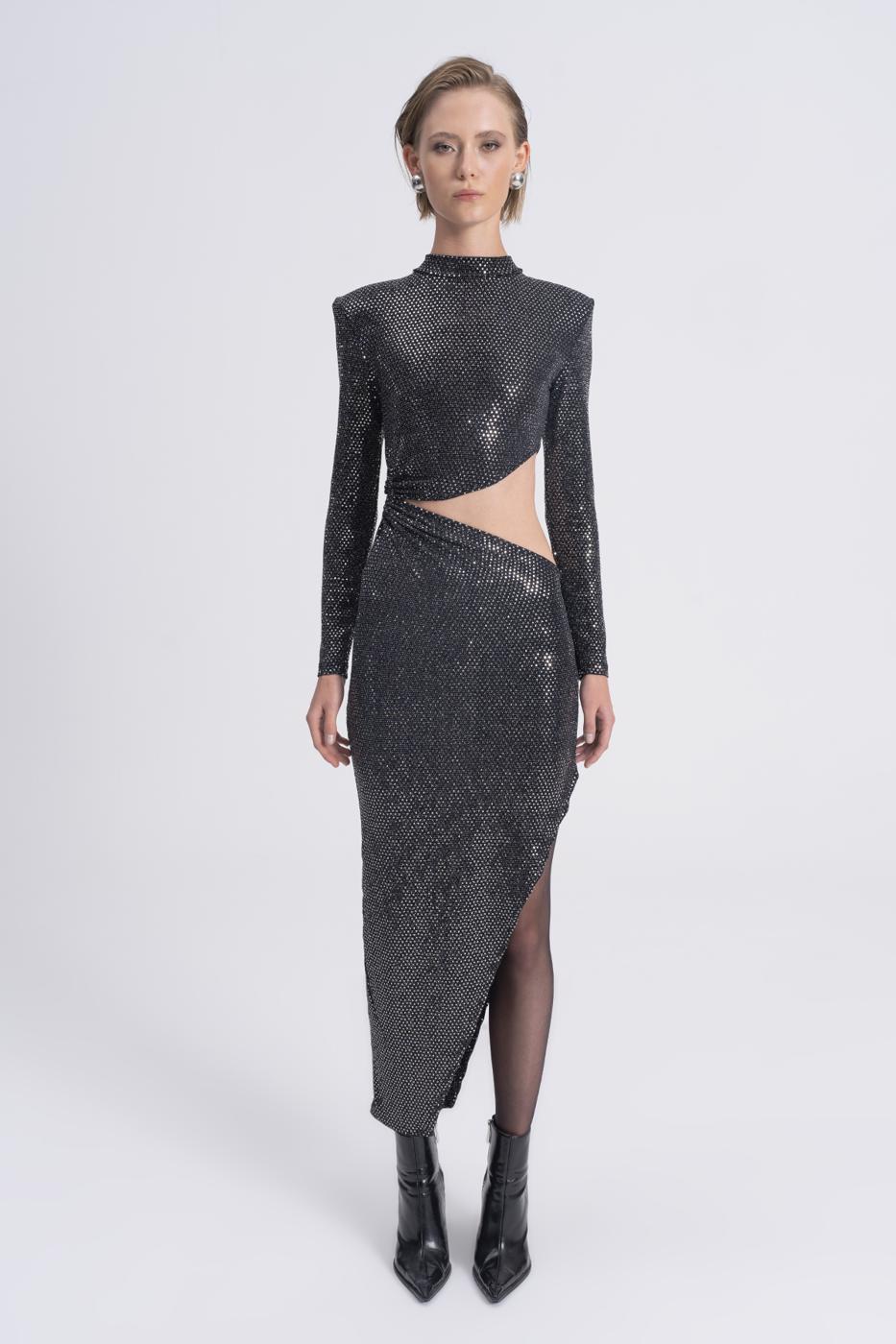 Sequined Deep Slit and Low Waist Midi Dress
