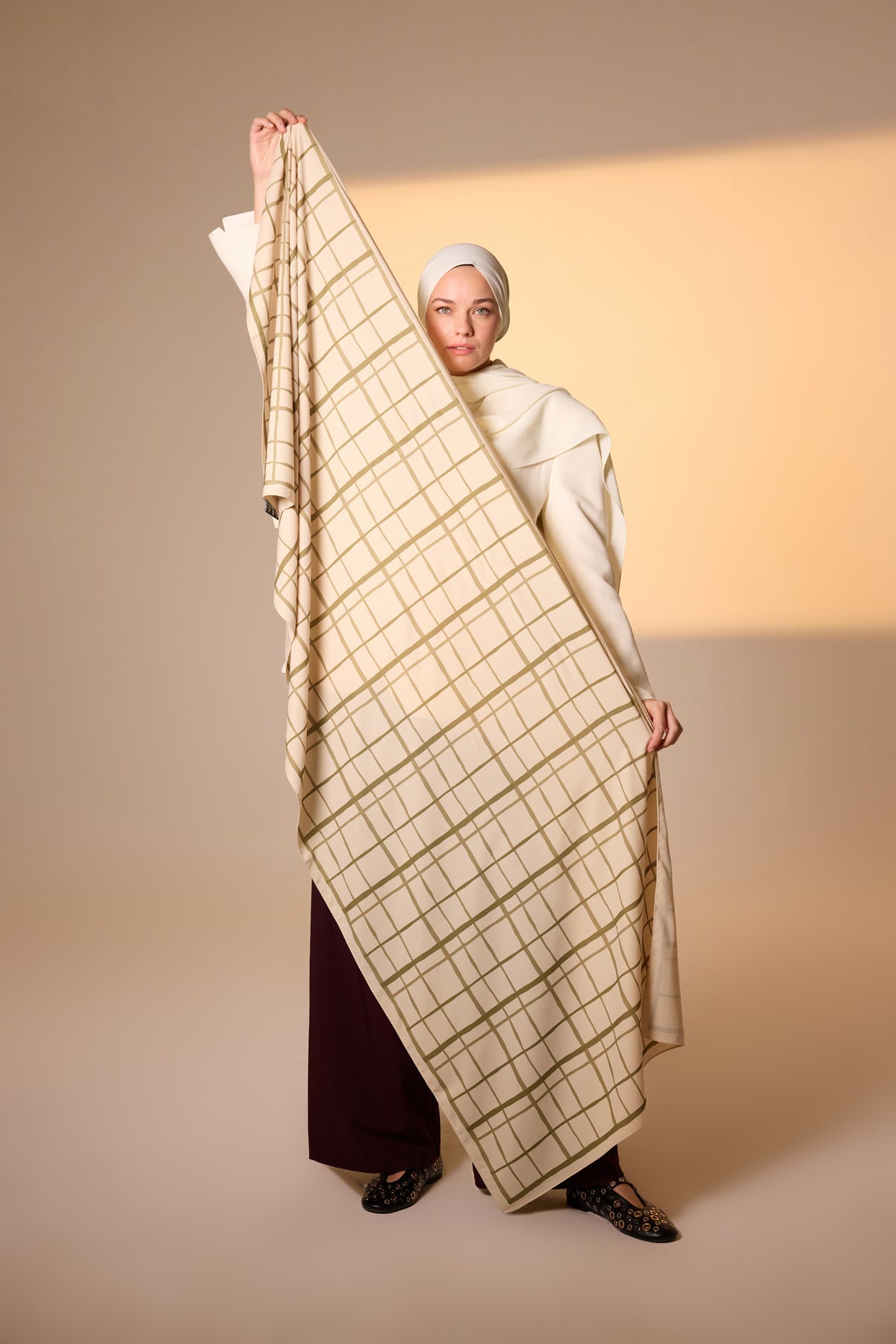 Pure Tone Şal - Kare Desen - Bej - Haki