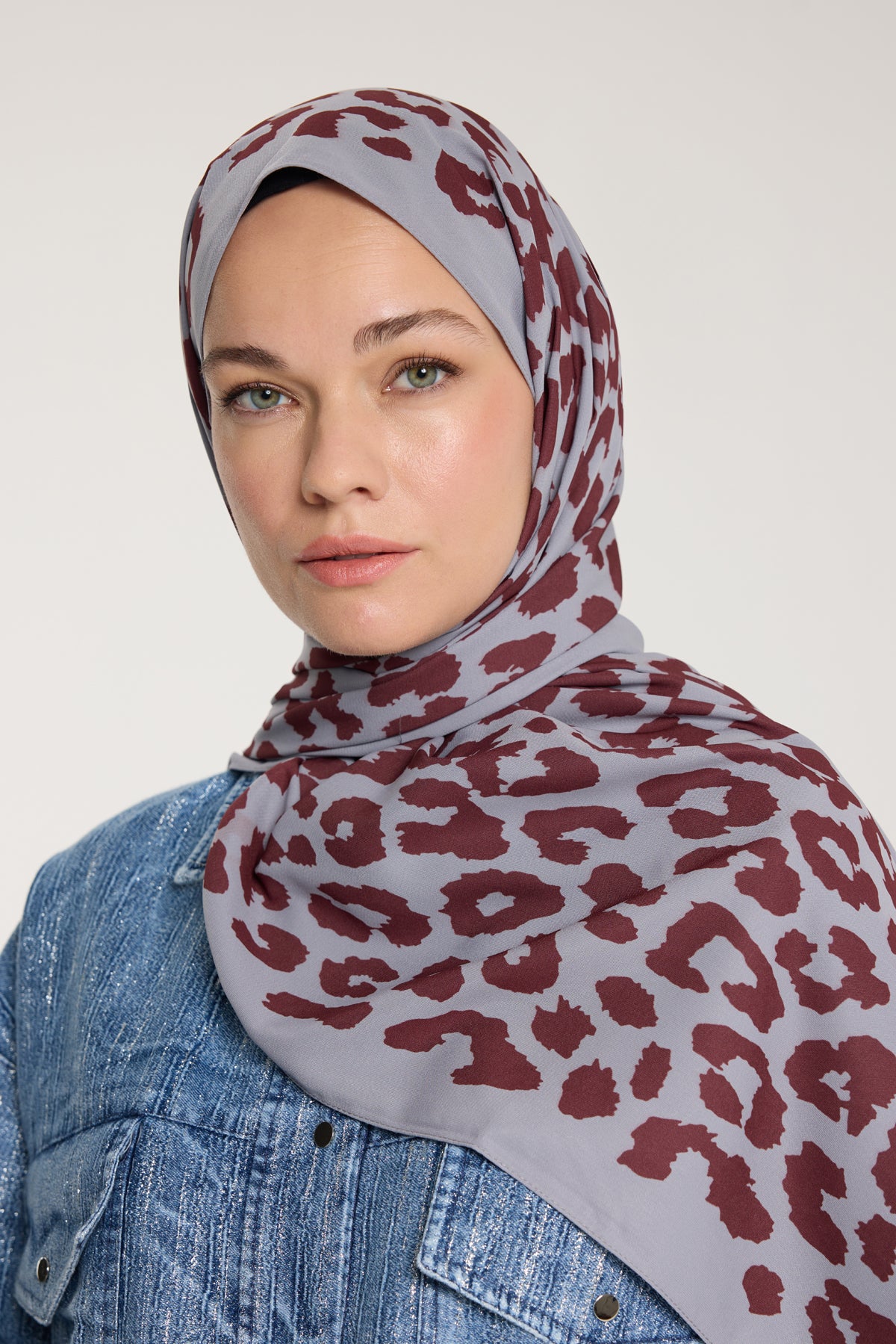 Pure Tone Şal - Leopar Desen - Gümüş - Bordo