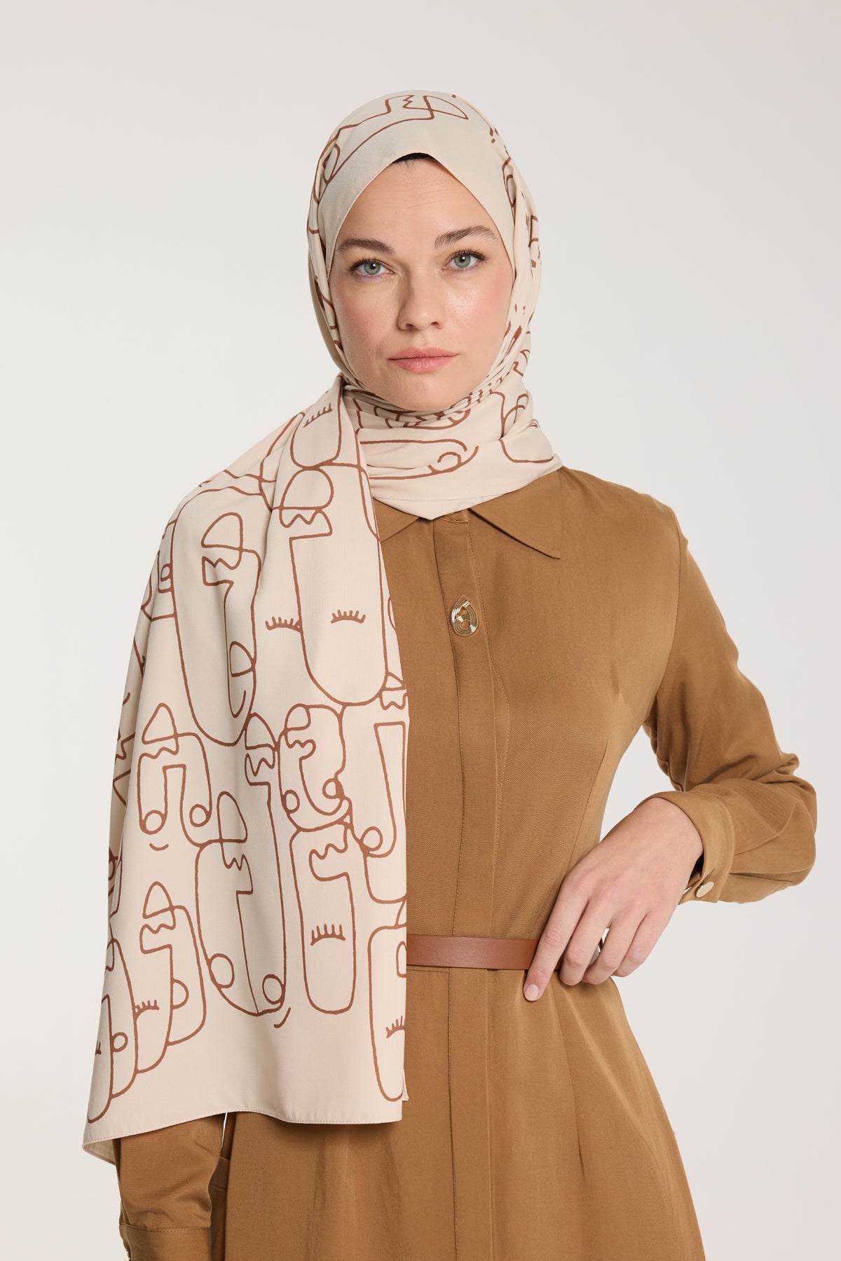 Pure Tone Şal - Marjinal Desen - Bej - Kahve